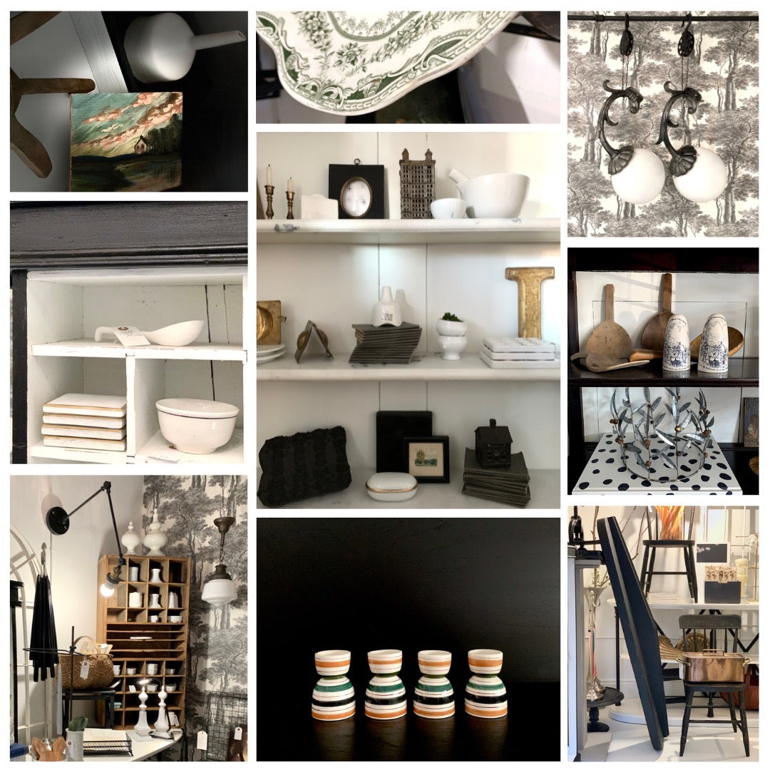 Collage of home decor items: shelves with ceramics and decor, hanging utensils, stacked cups, and a table with various accessories. Neutral tones and artistic arrangements create a stylish, modern aesthetic.