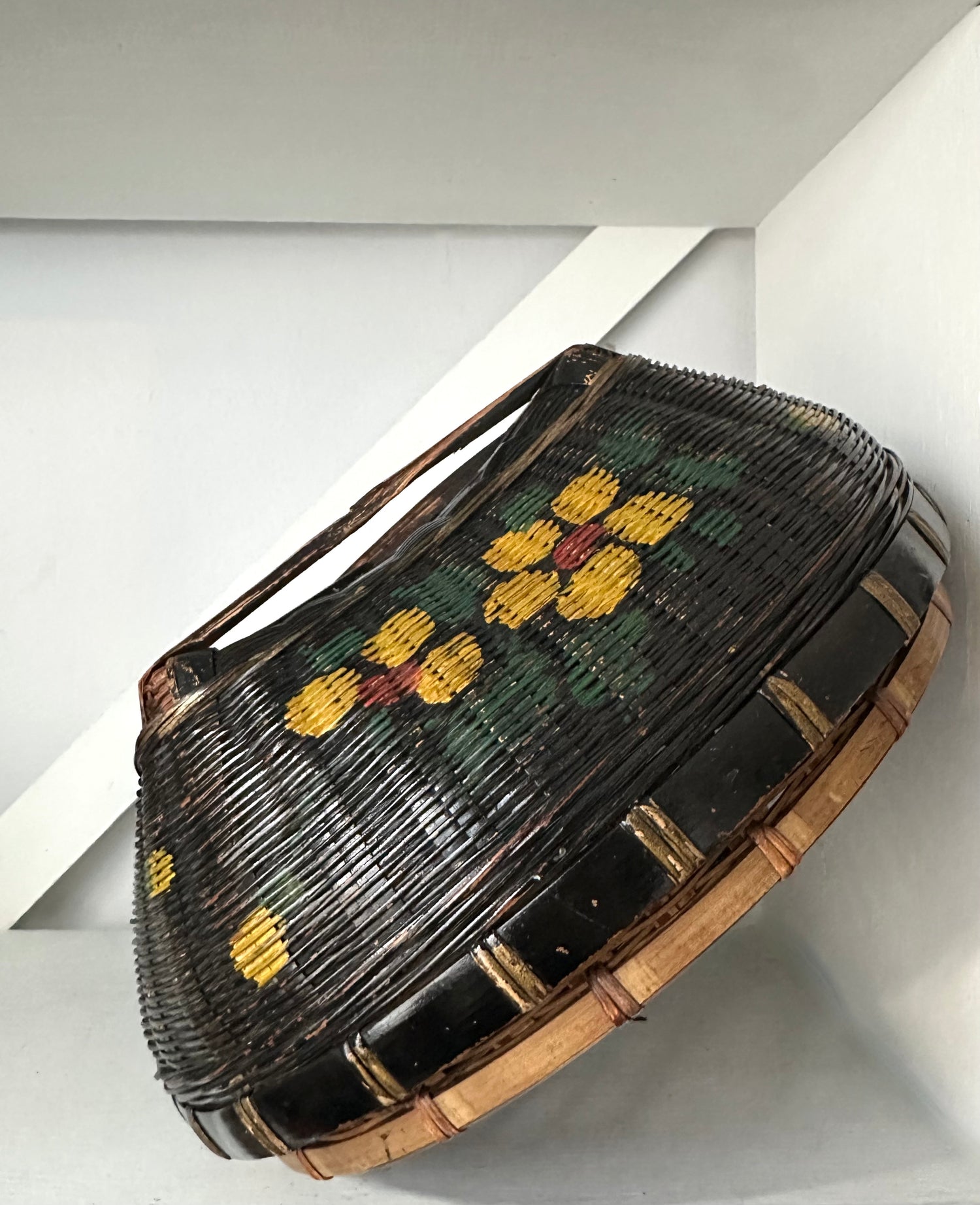 Antique Black Woven Basket, Hand-Painted