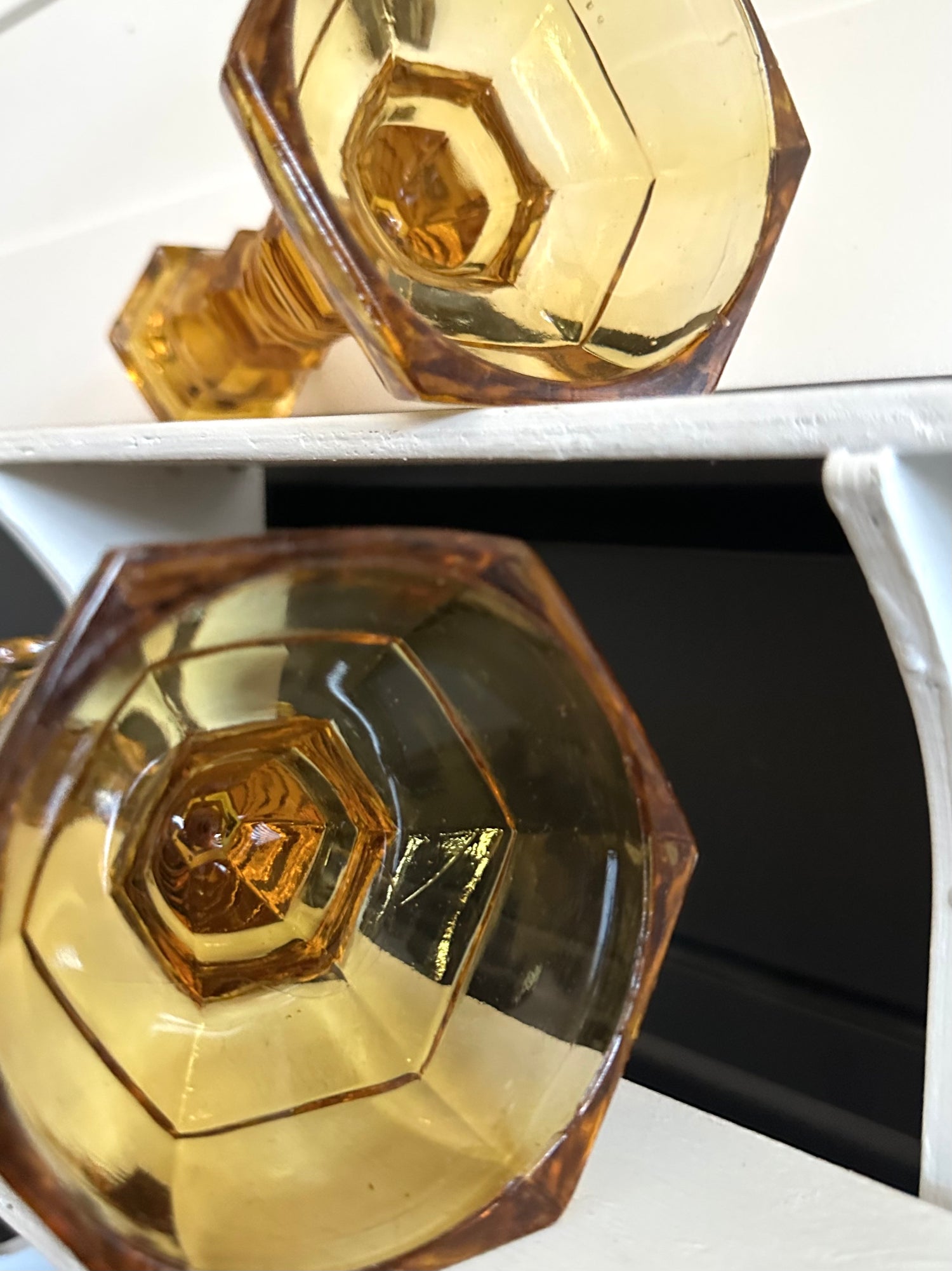 Pair Vintage Amber Glass Candlestick Holders