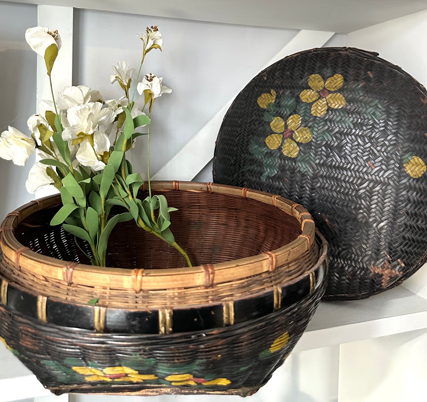 Antique Black Woven Basket, Hand-Painted