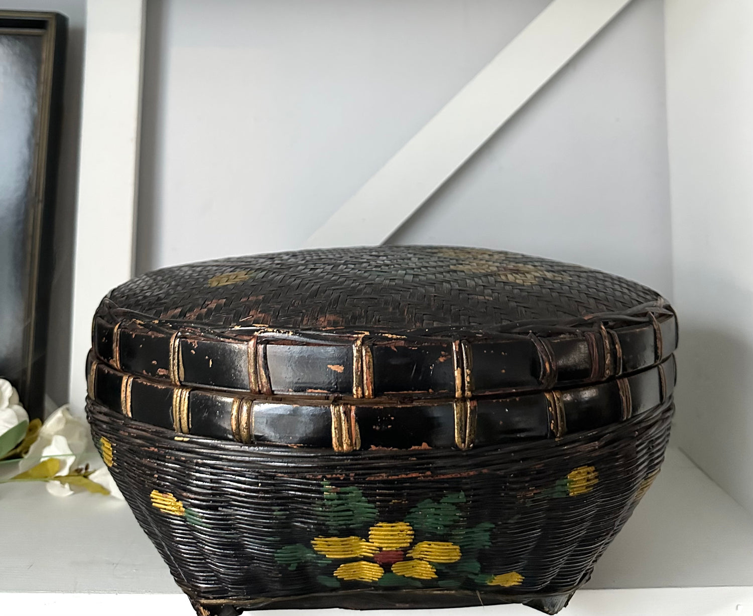 Antique Black Woven Basket, Hand-Painted