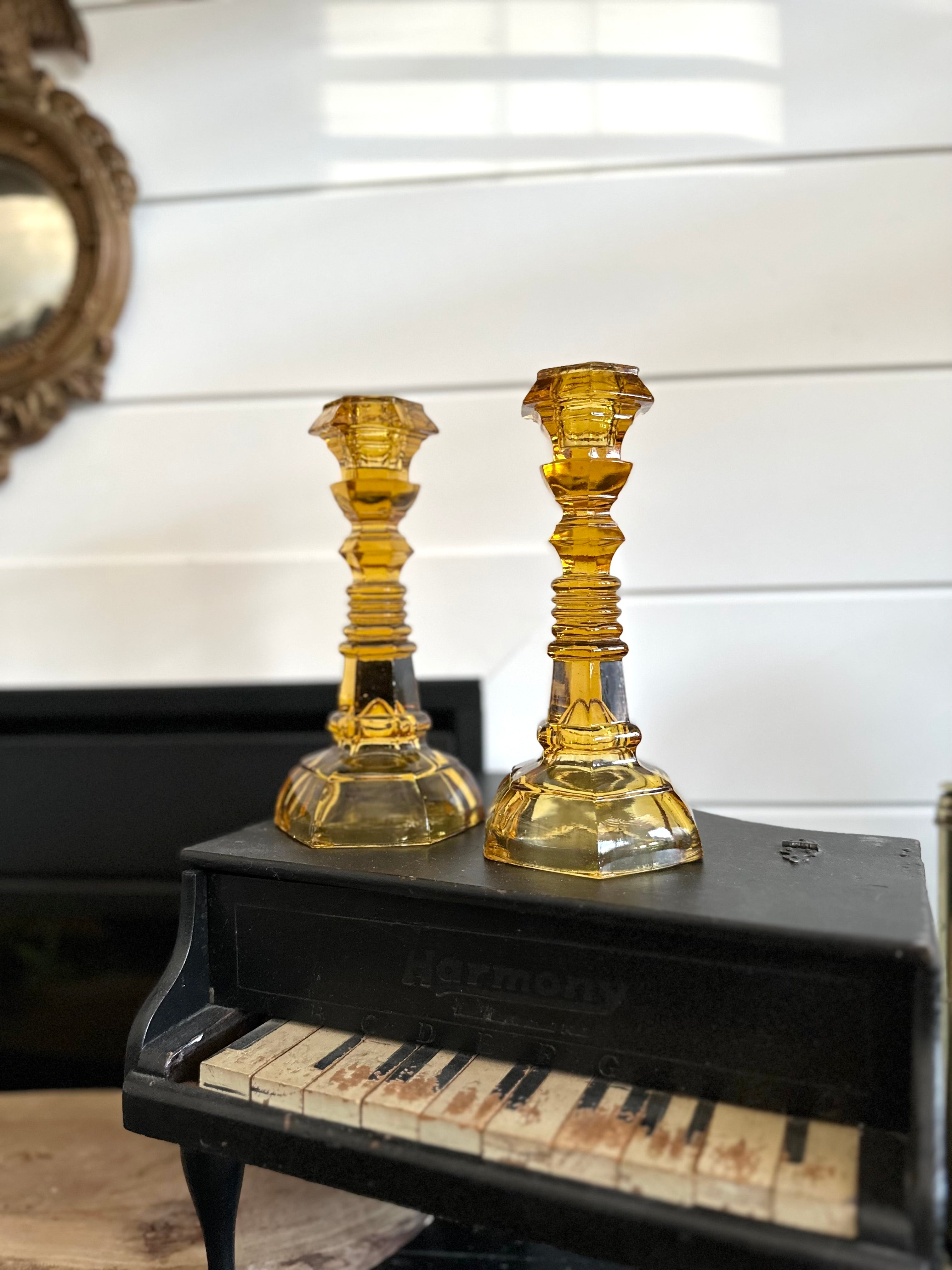 Pair Vintage Amber Glass Candlestick Holders