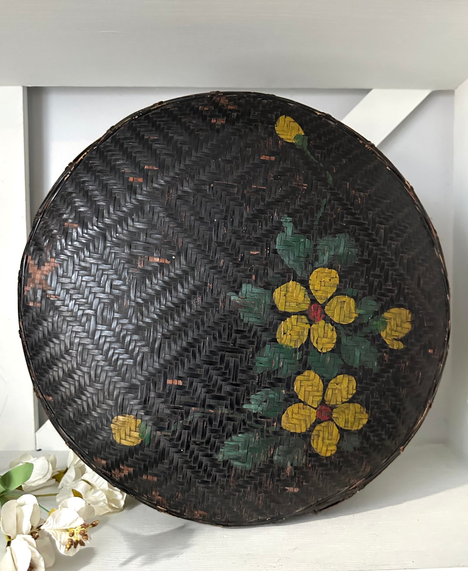 Antique Black Woven Basket, Hand-Painted