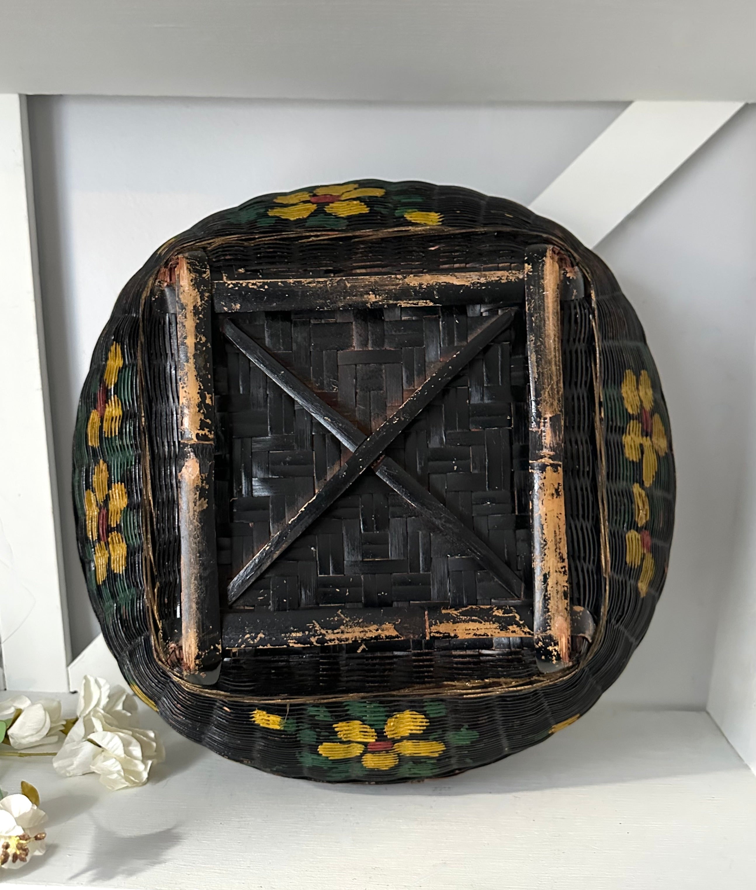 Antique Black Woven Basket, Hand-Painted