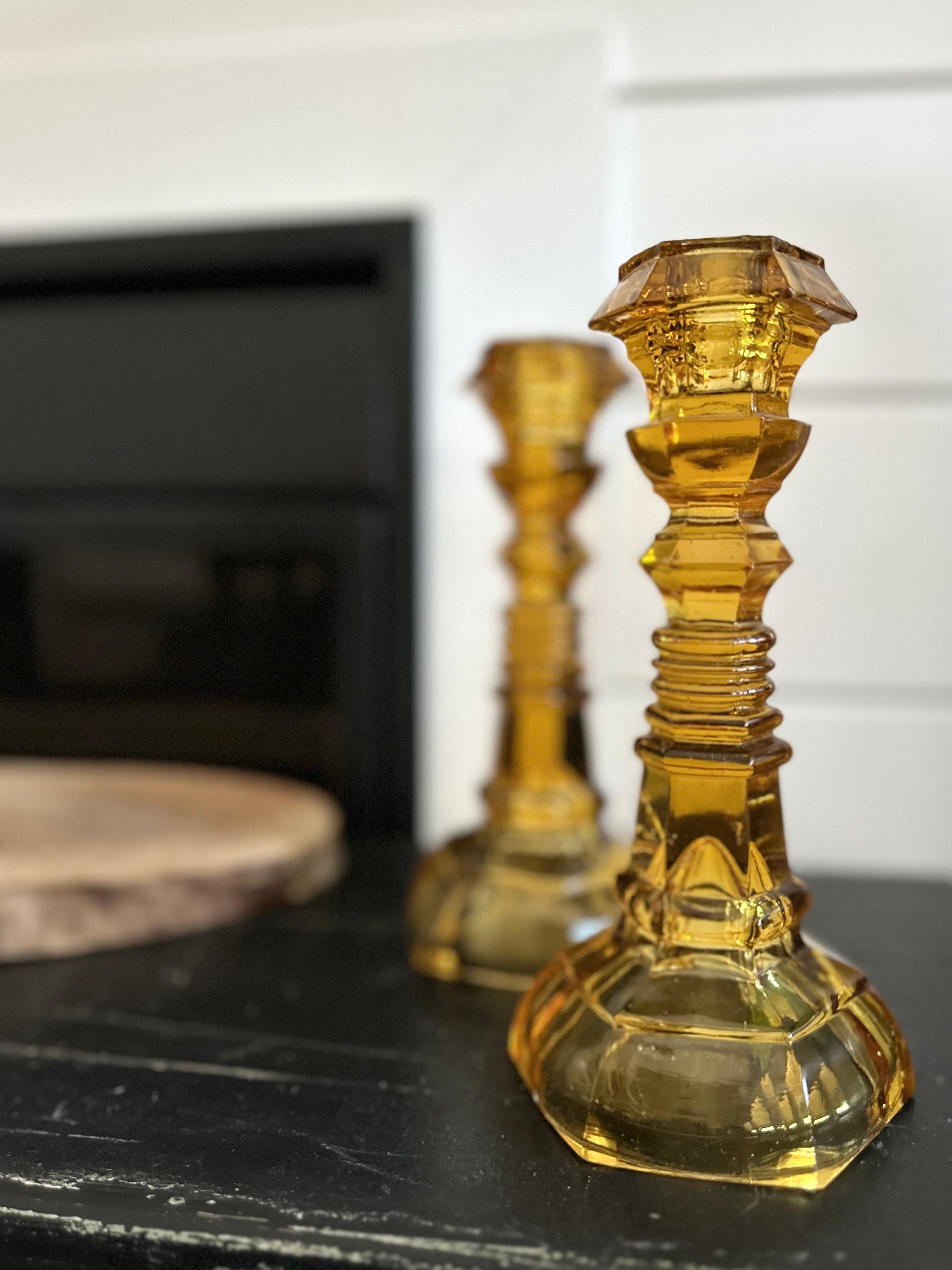 Pair Vintage Amber Glass Candlestick Holders