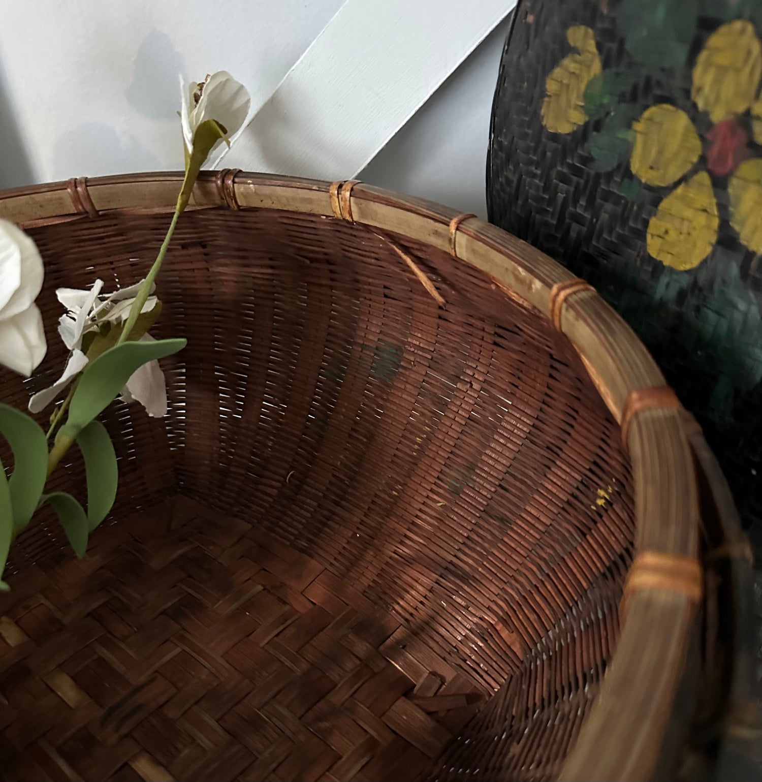 Antique Black Woven Basket, Hand-Painted