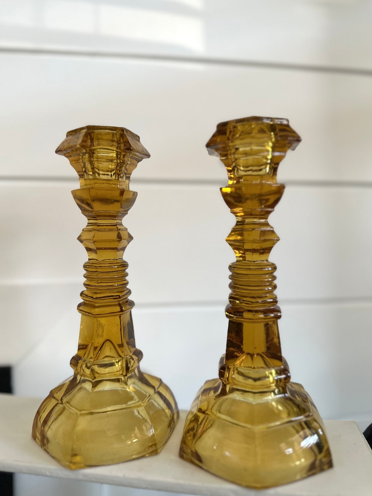 Pair Vintage Amber Glass Candlestick Holders