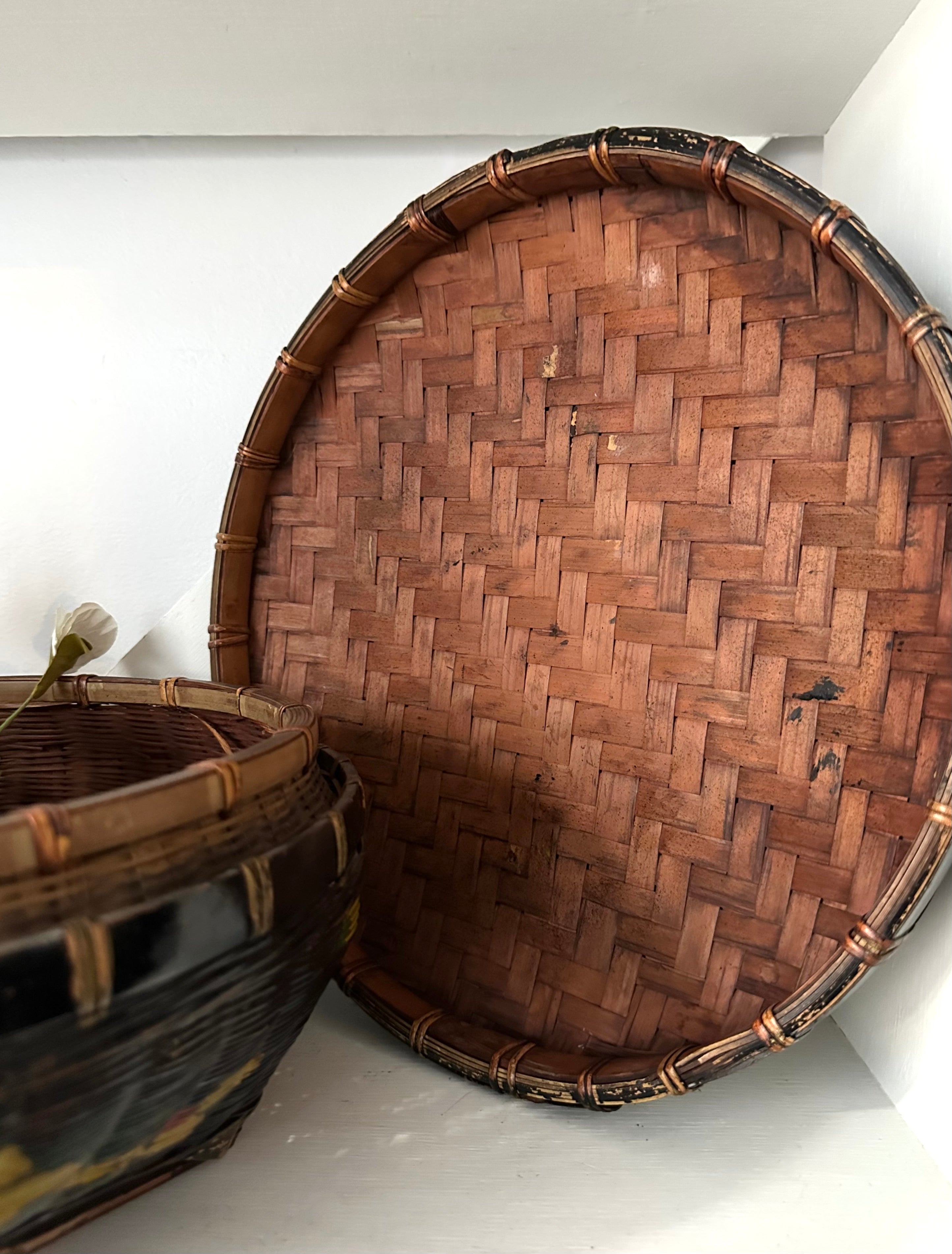Antique Black Woven Basket, Hand-Painted