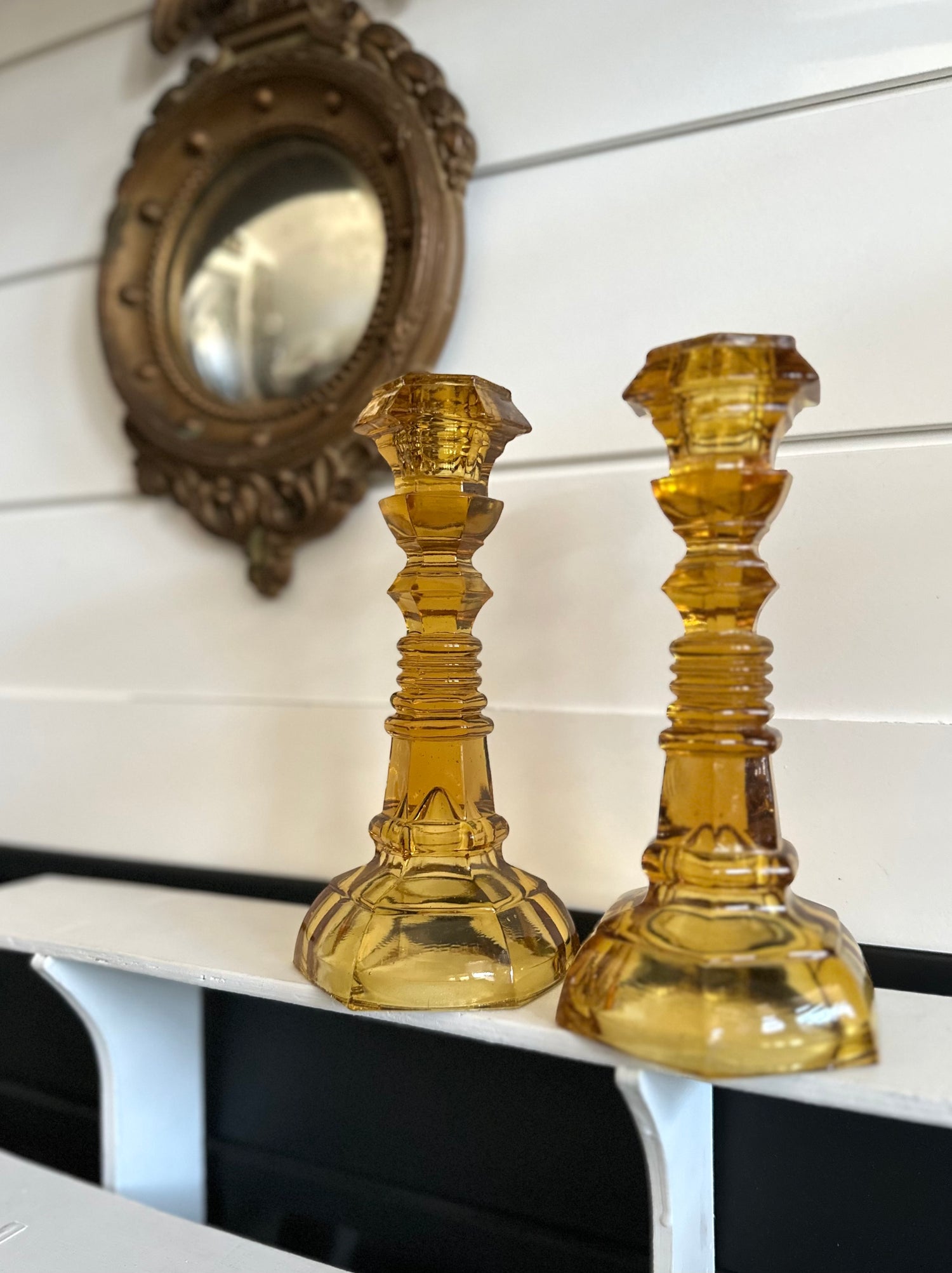 Pair Vintage Amber Glass Candlestick Holders
