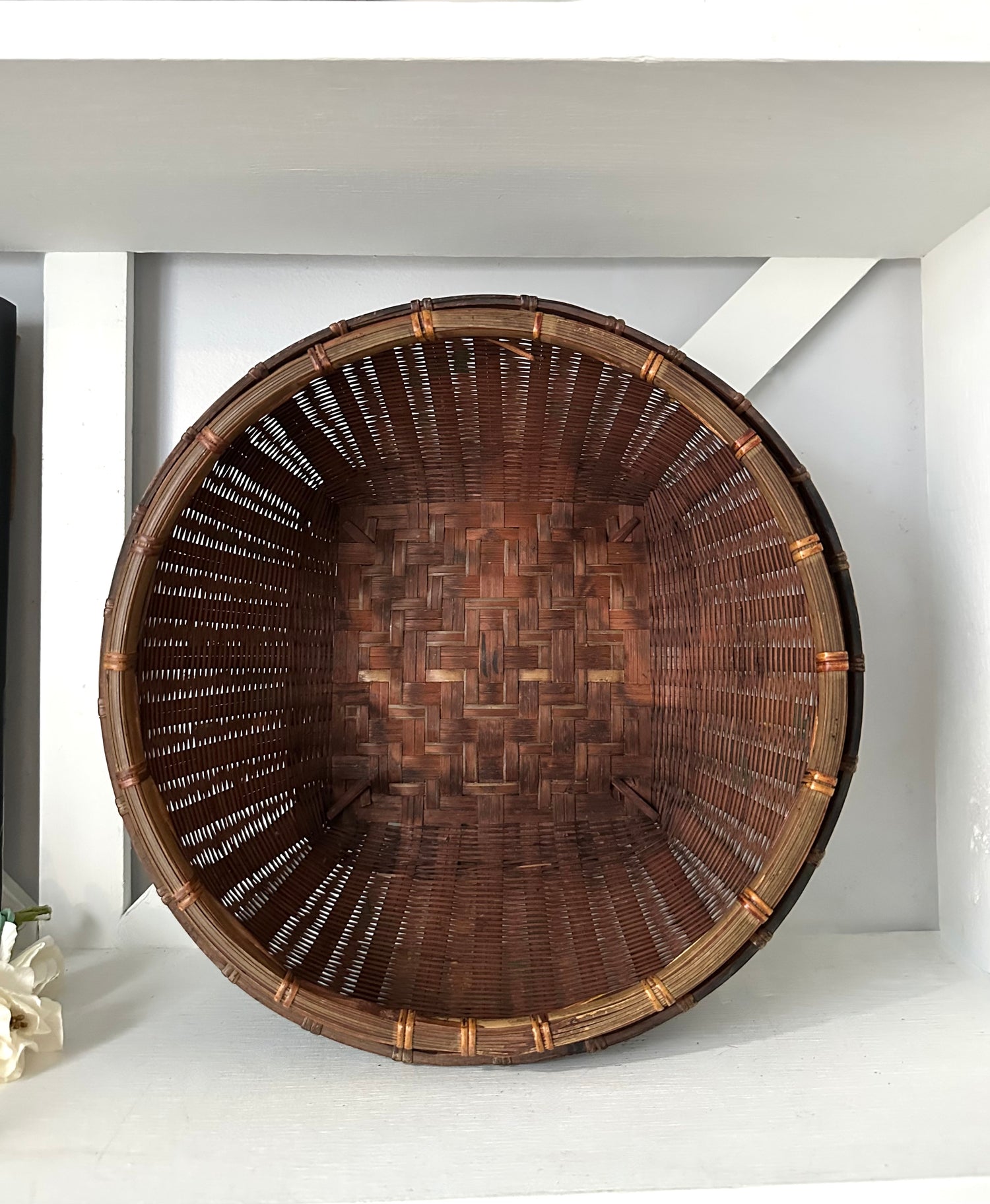 Antique Black Woven Basket, Hand-Painted