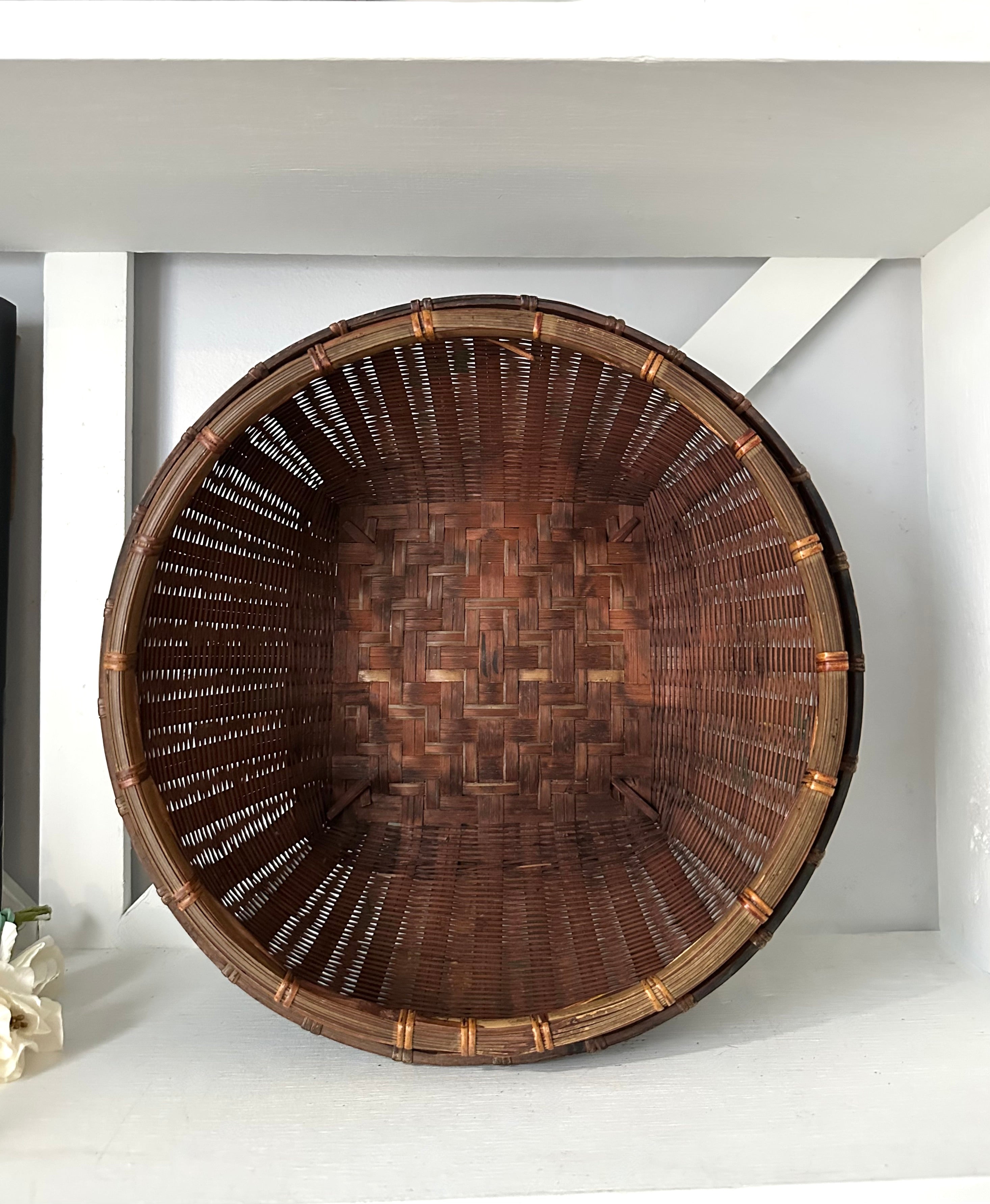 Antique Black Woven Basket, Hand-Painted