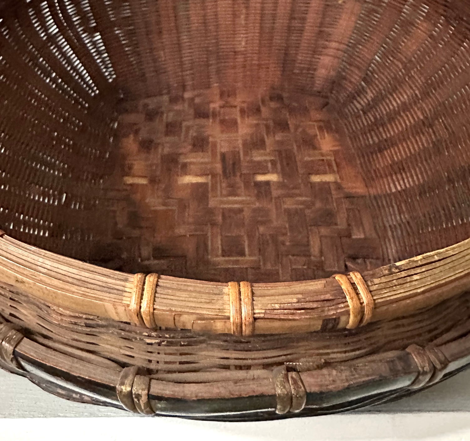 Antique Black Woven Basket, Hand-Painted