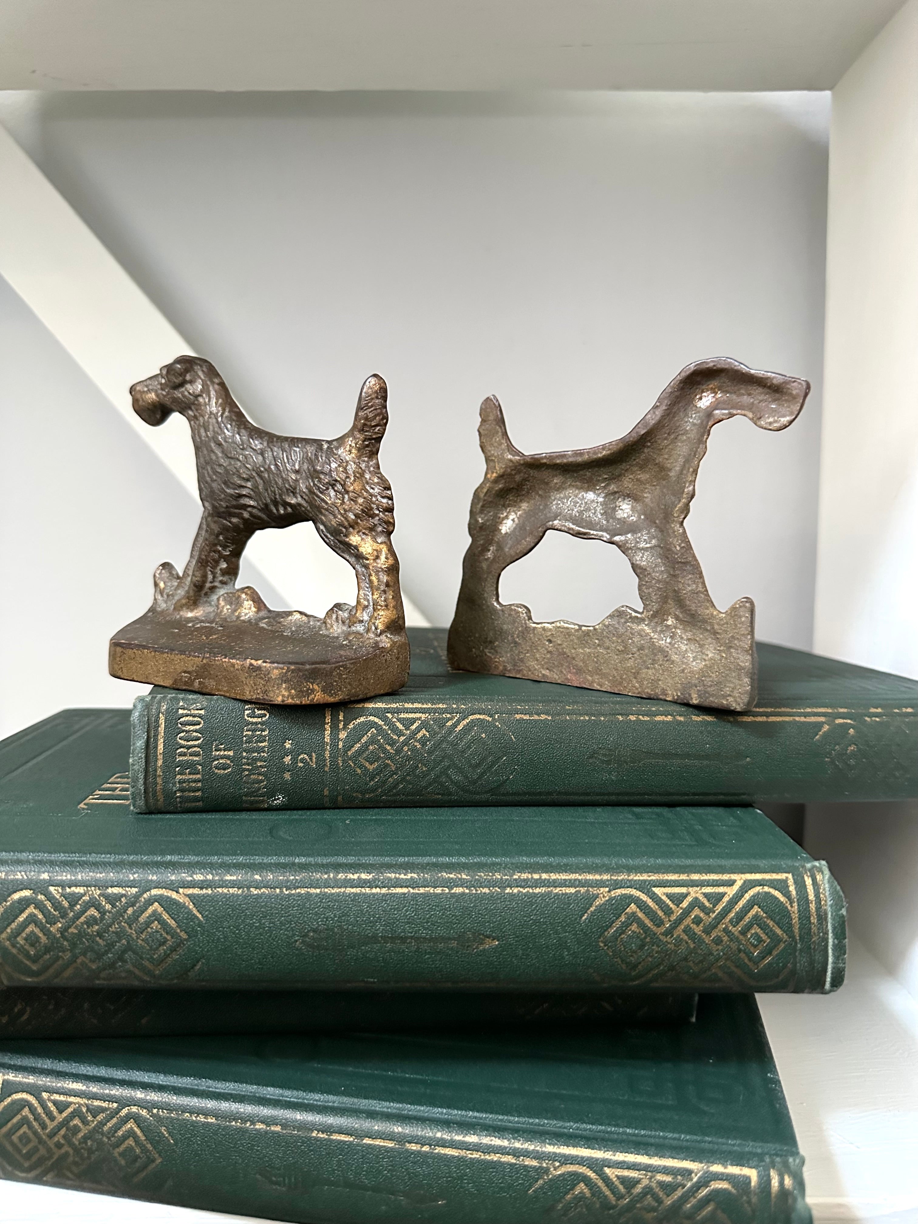 Bronze dog-shaped bookends on a stack of green books with a white background