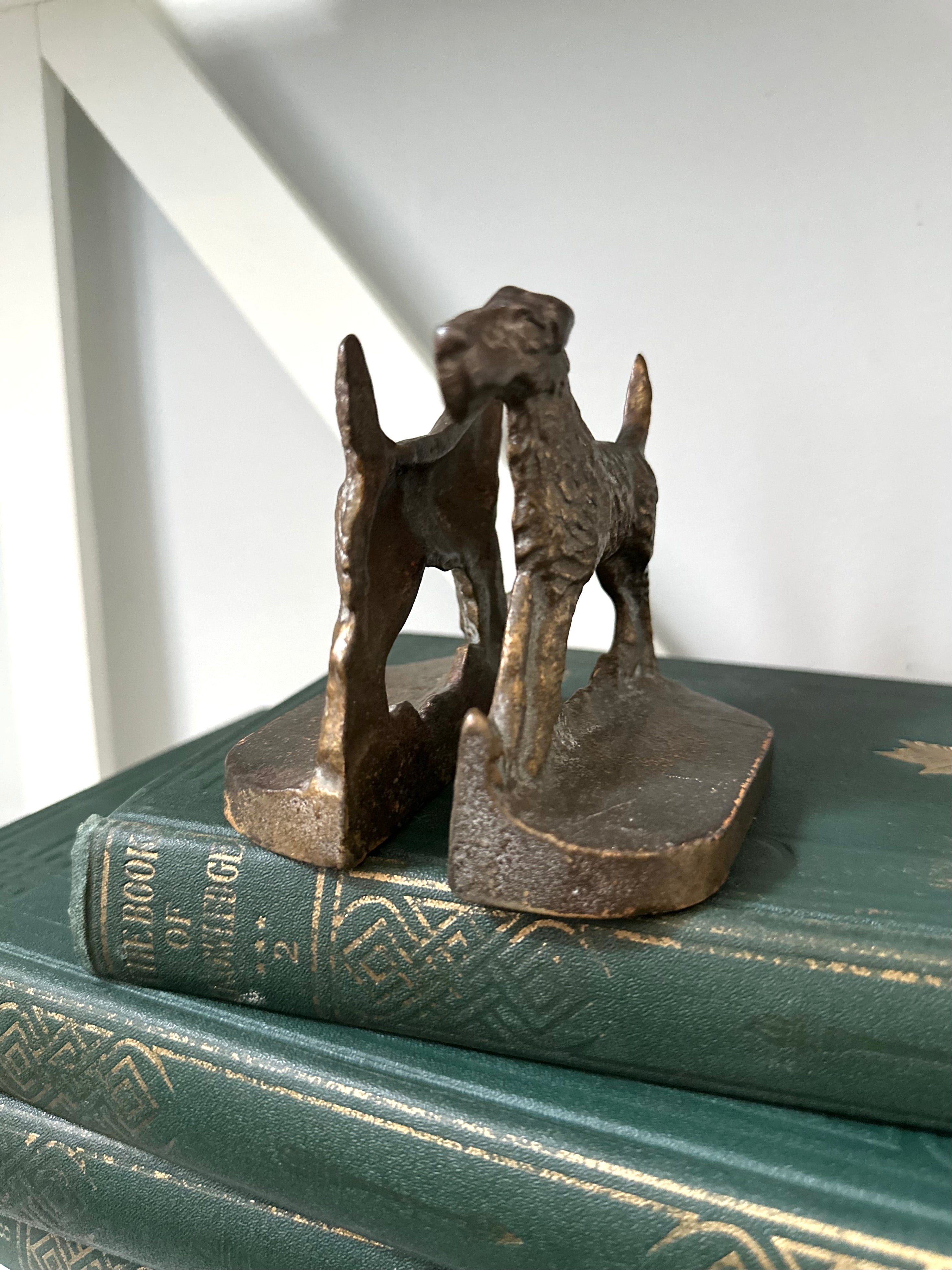Bronze dog-shaped bookends on a green book with a white background