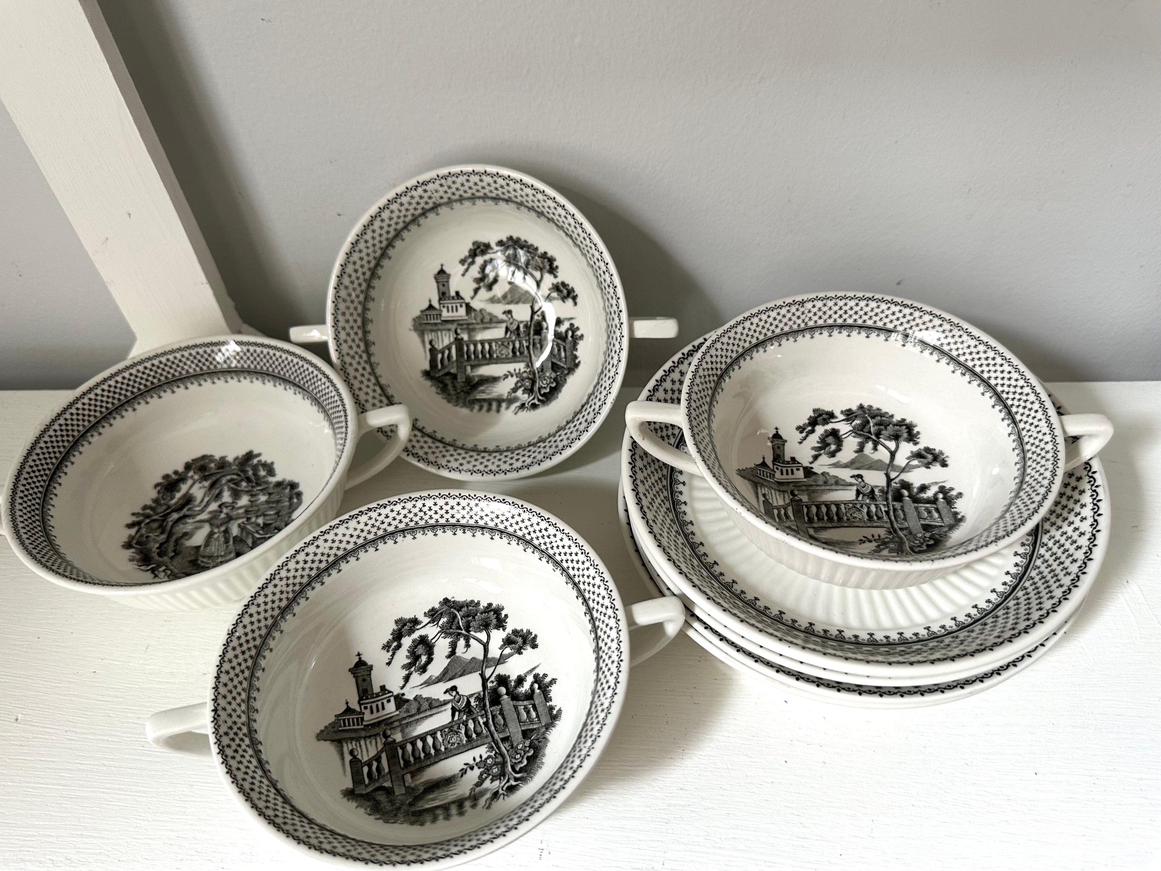 Black English Ironstone Soup Bowls + Plates