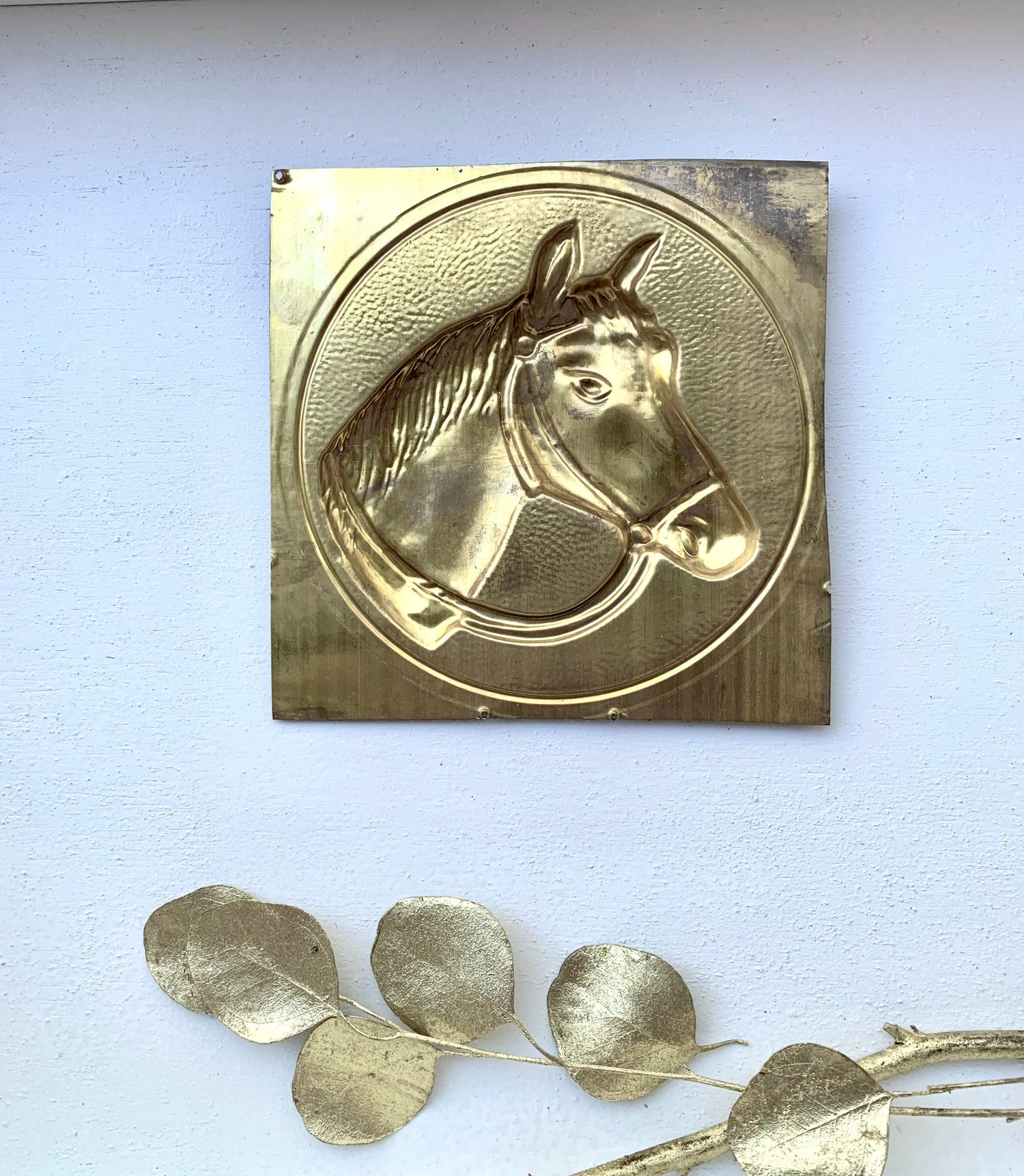 Vintage Embossed Brass Horse Plaque