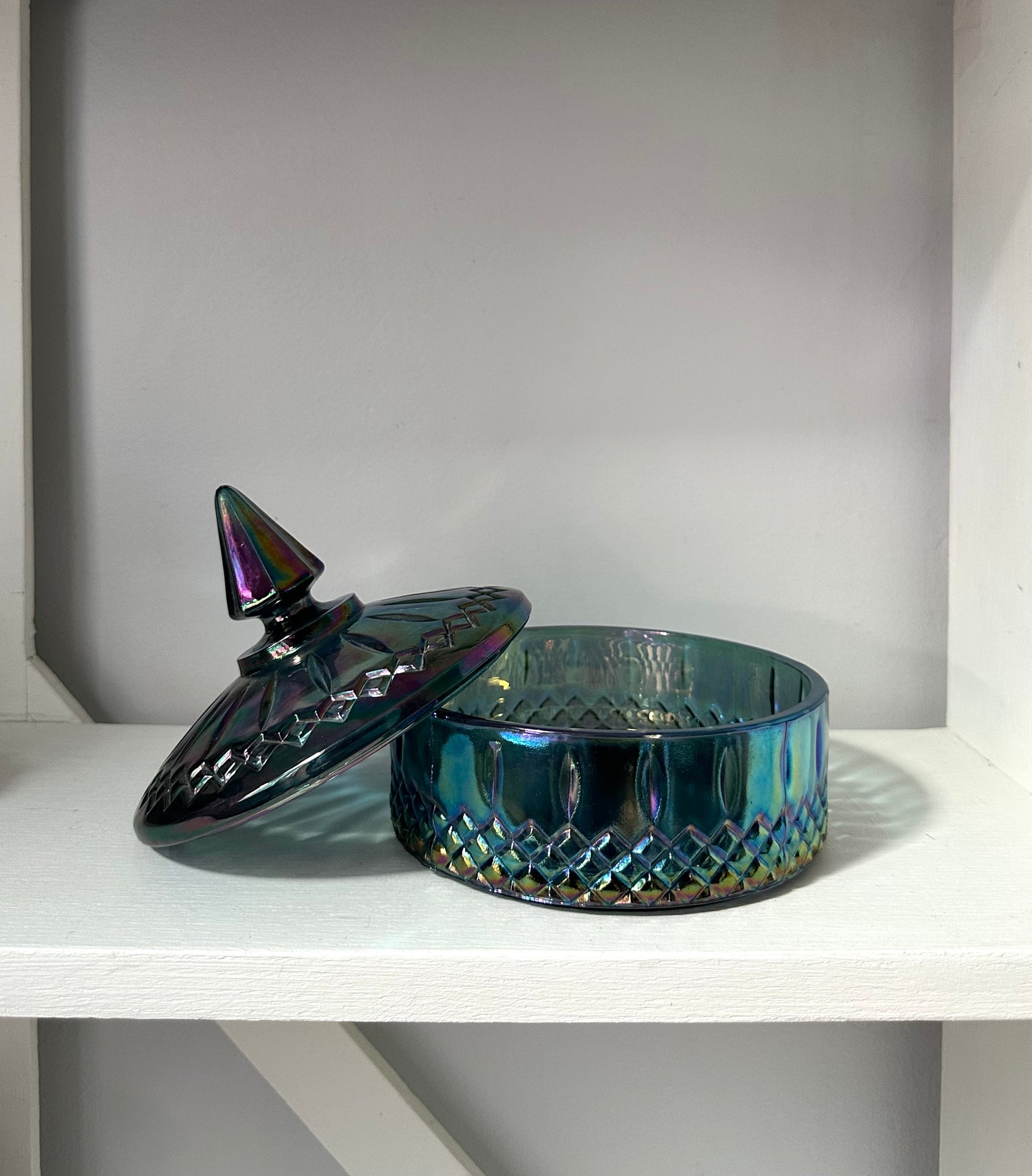 Princess Blue Iridescent Carnival Candy Dish With Lid Indiana Glass