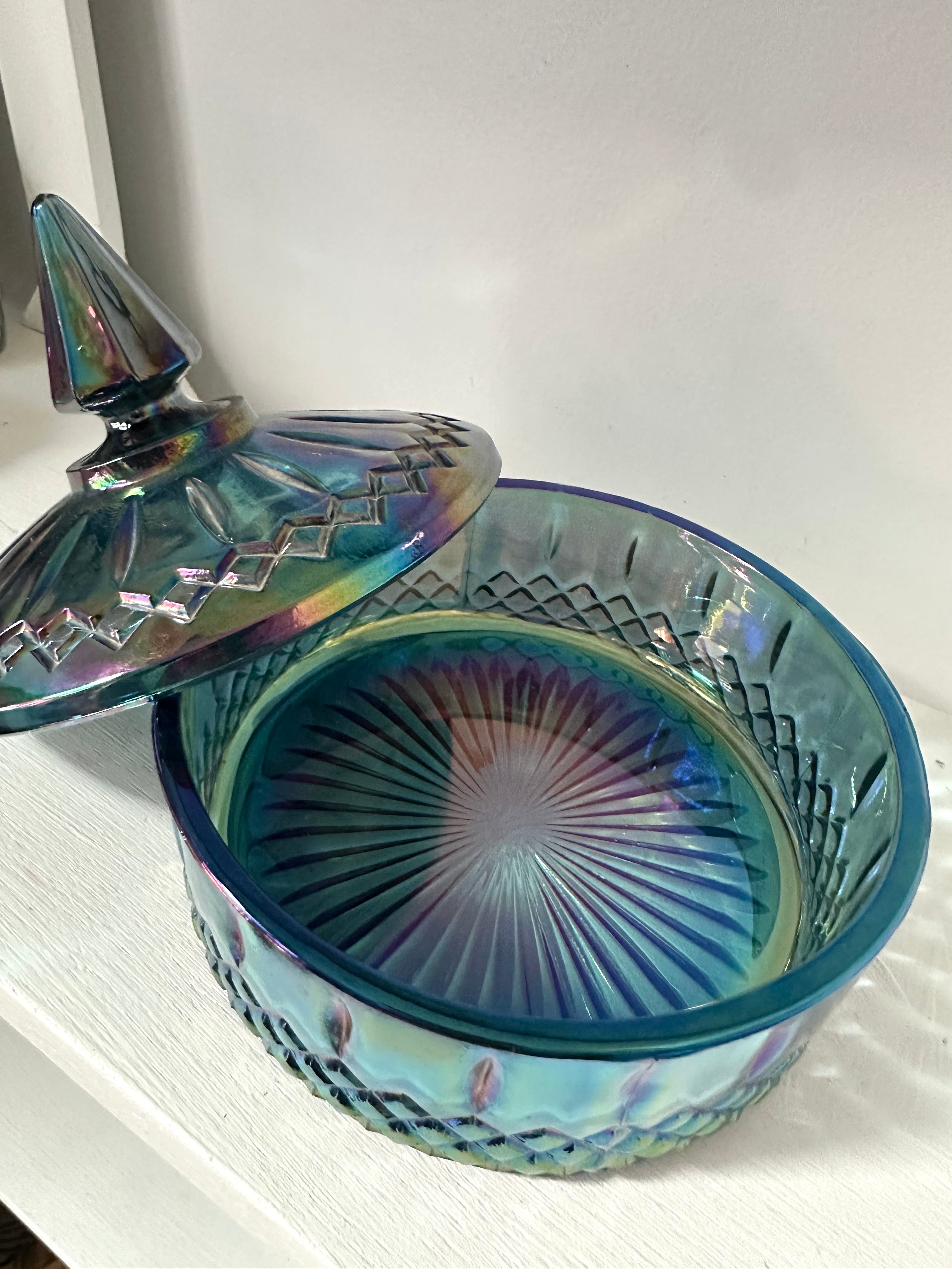 Princess Blue Iridescent Carnival Candy Dish With Lid Indiana Glass