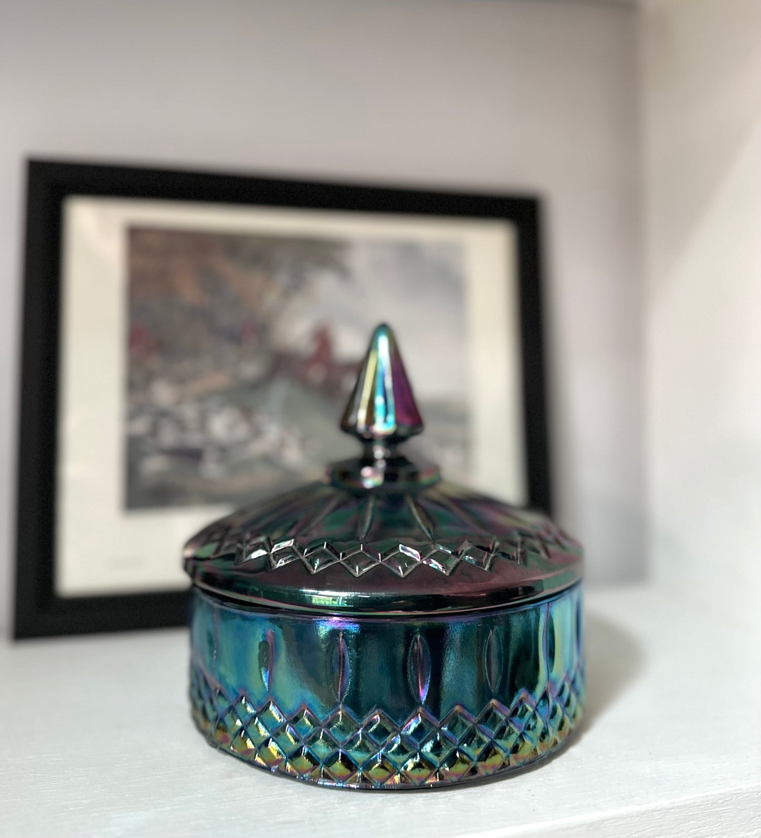 Princess Blue Iridescent Carnival Candy Dish With Lid Indiana Glass