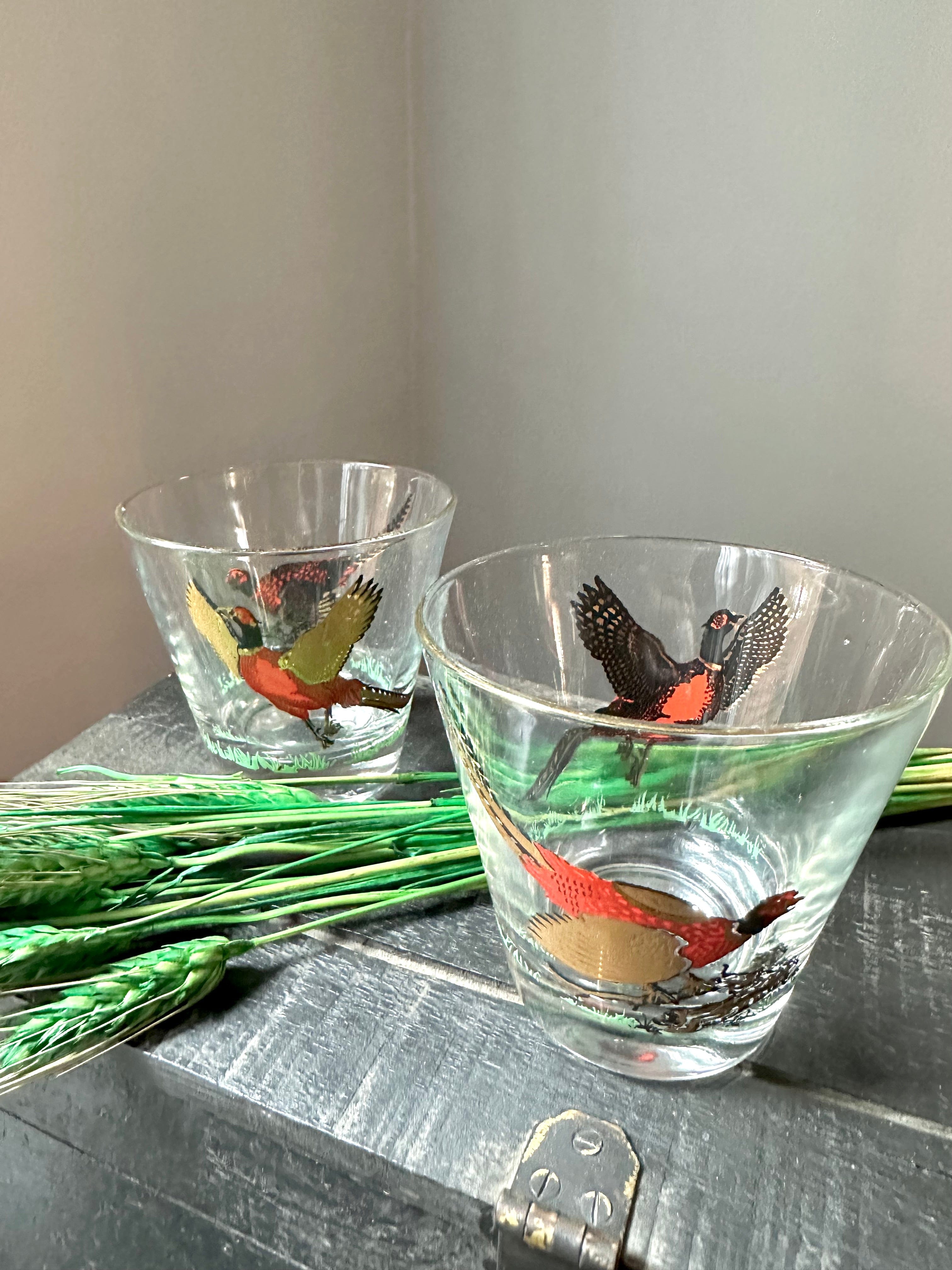 Pair Vintage Pheasant Whiskey Glasses