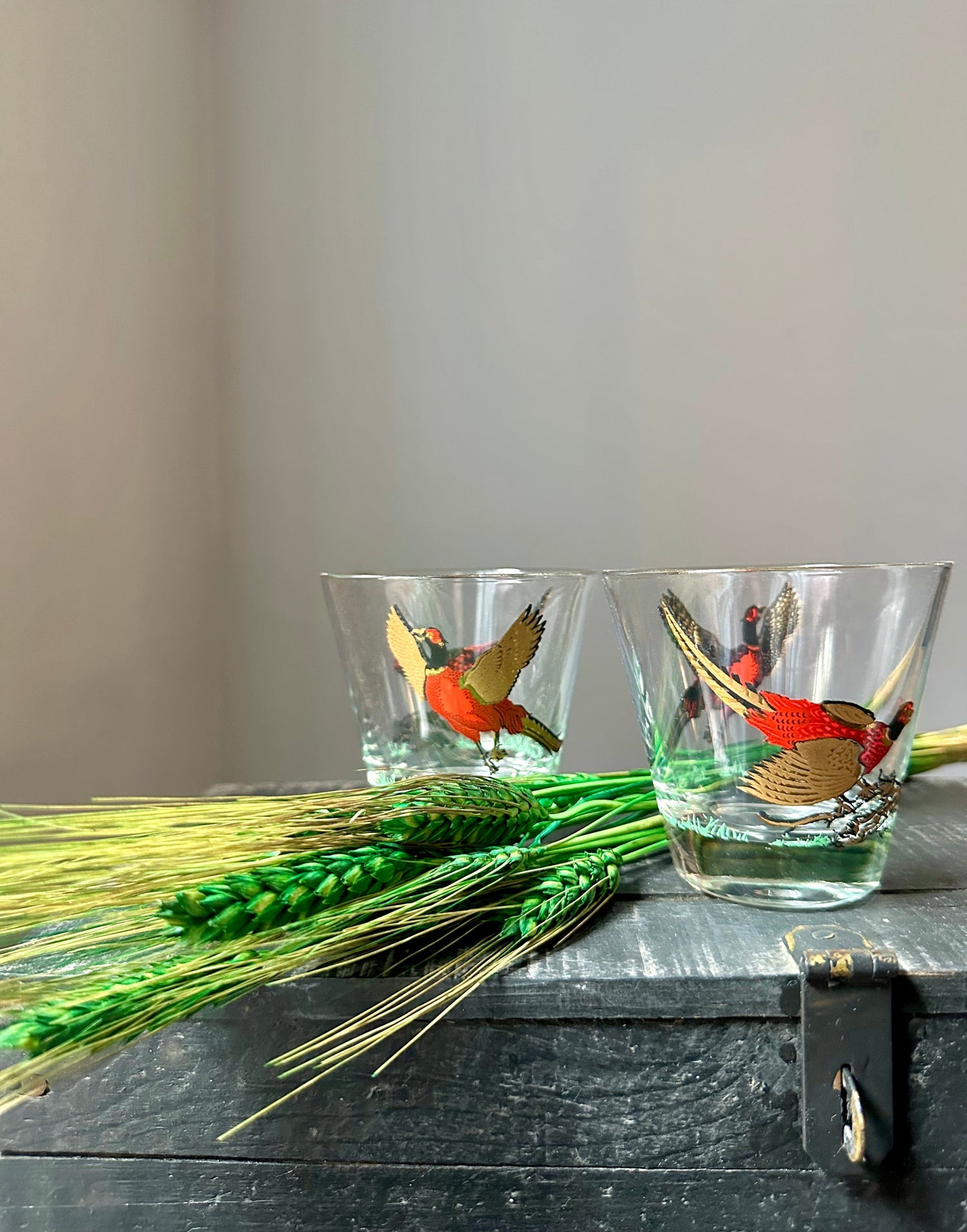 Pair Vintage Pheasant Whiskey Glasses