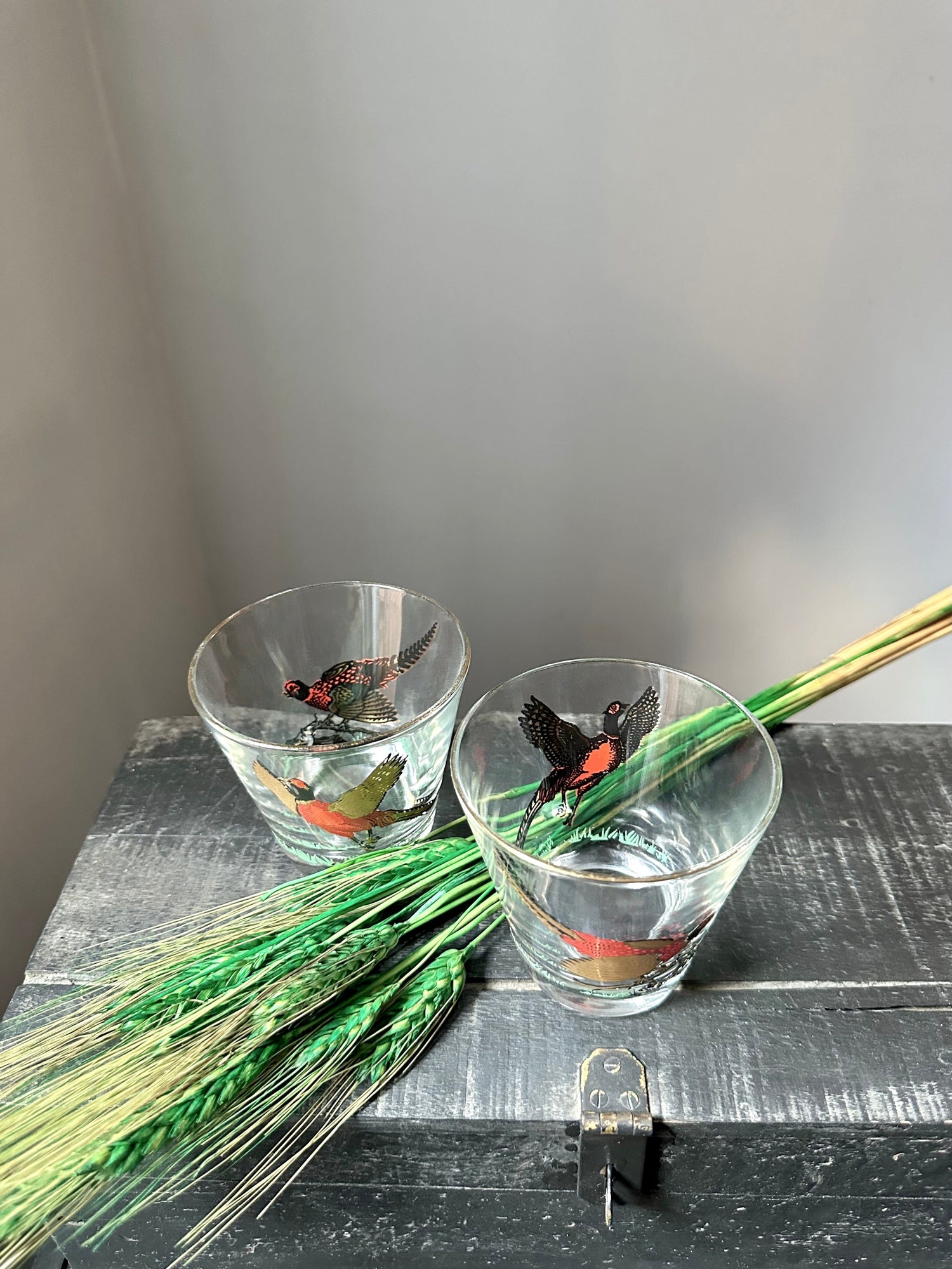 Pair Vintage Pheasant Whiskey Glasses