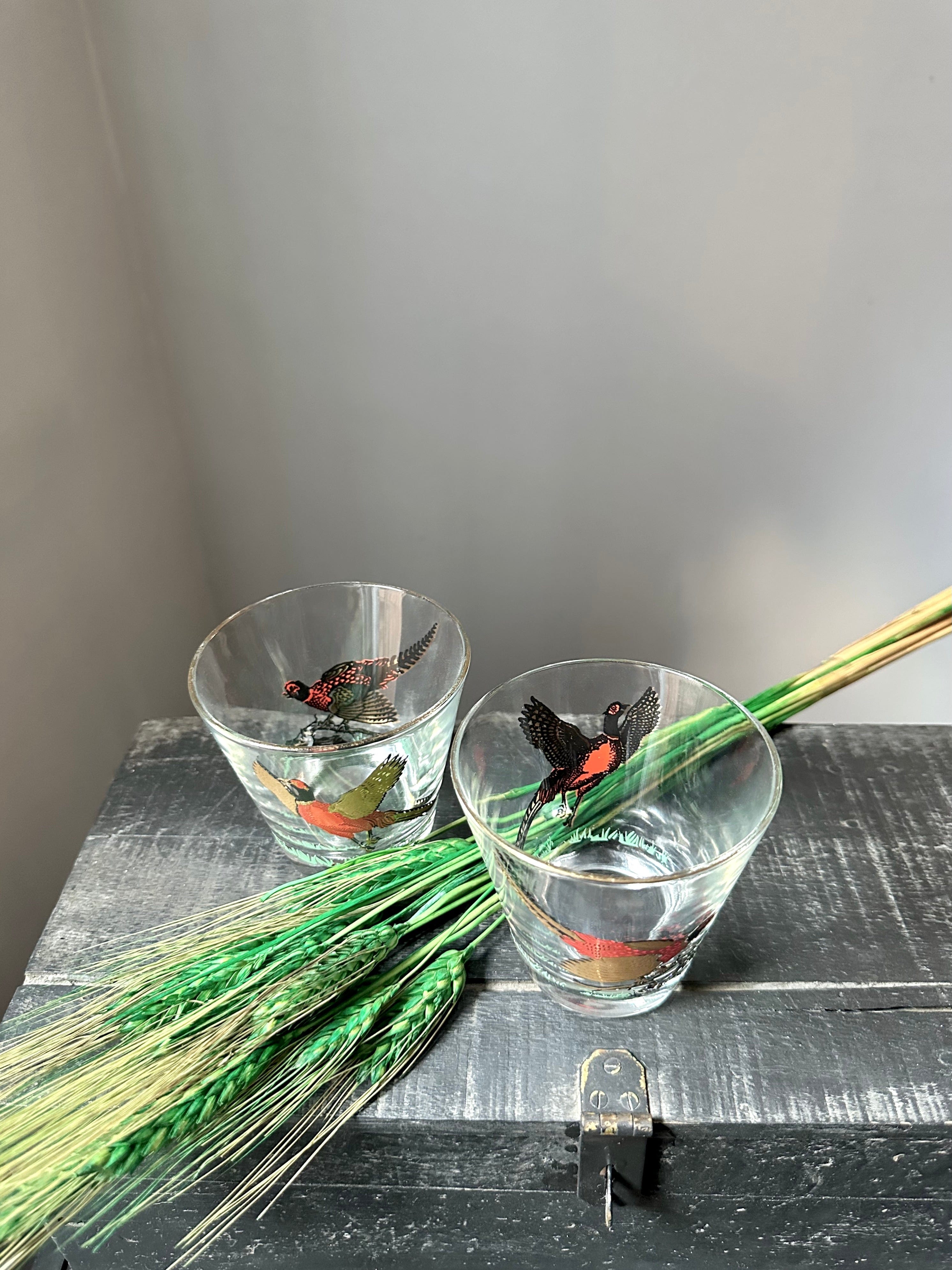 Pair Vintage Pheasant Whiskey Glasses