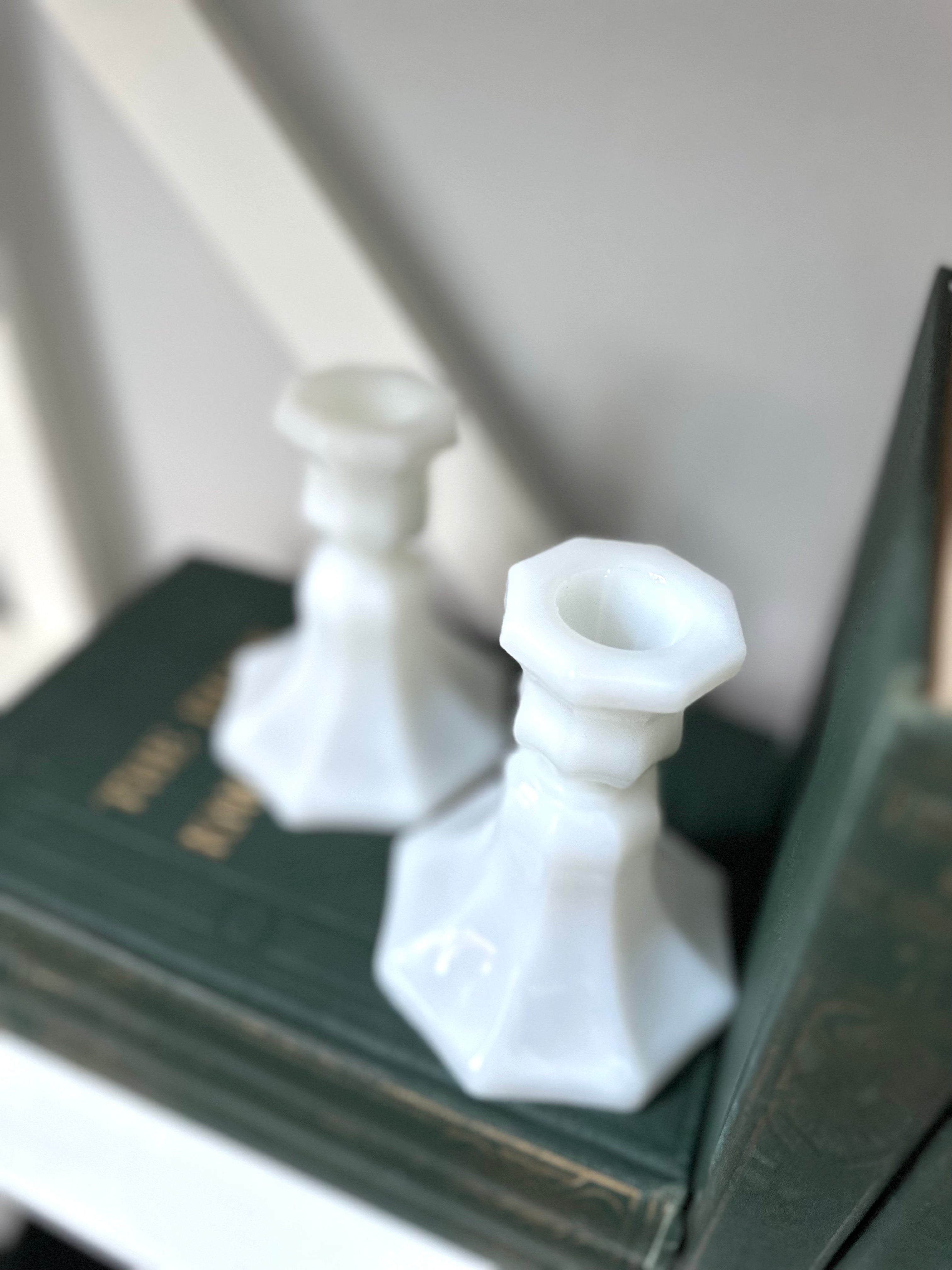 Vintage Pair Milk Glass Candlestick Holders