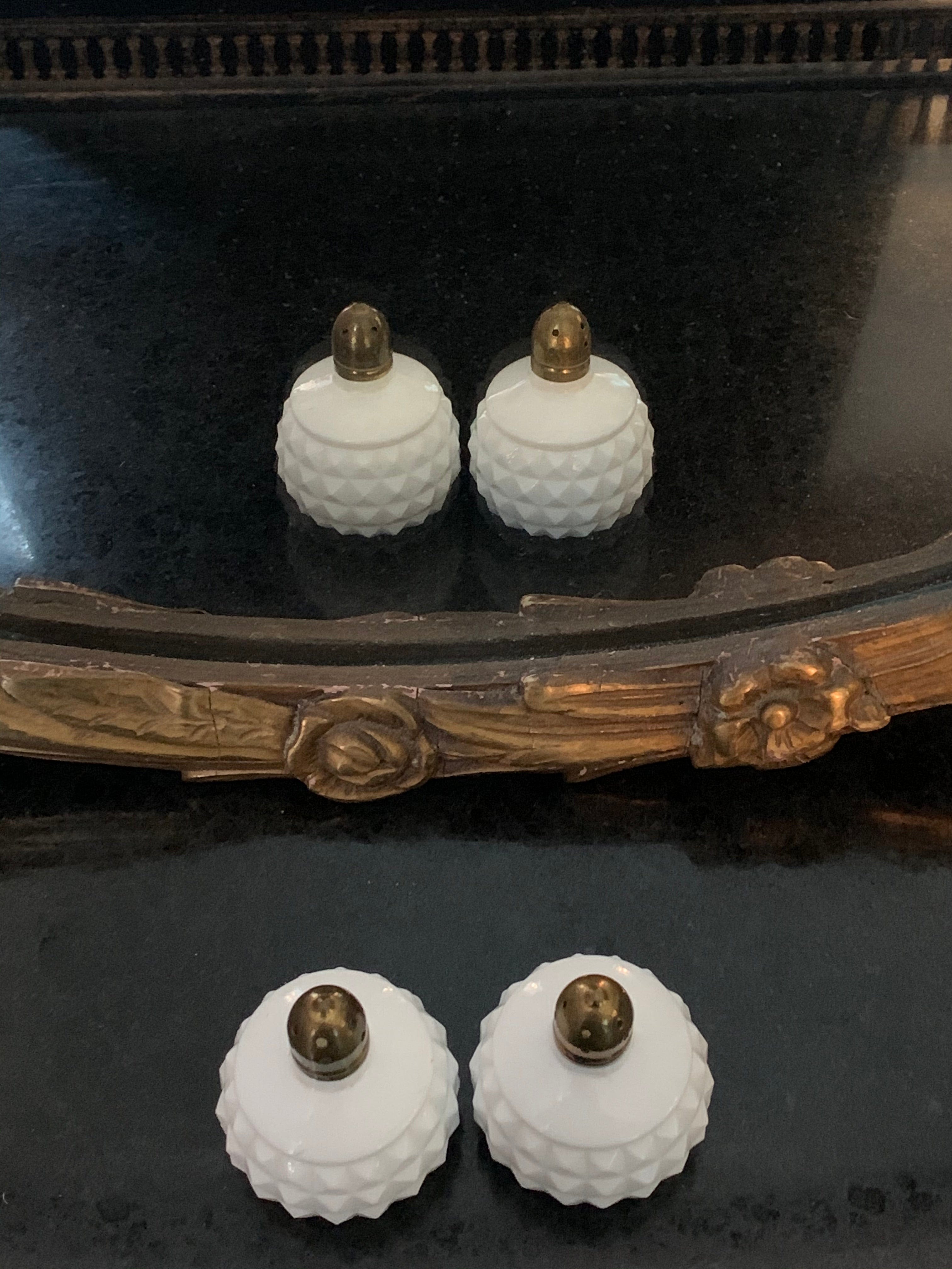 Vintage Pair Milk Glass Salt + Peppers