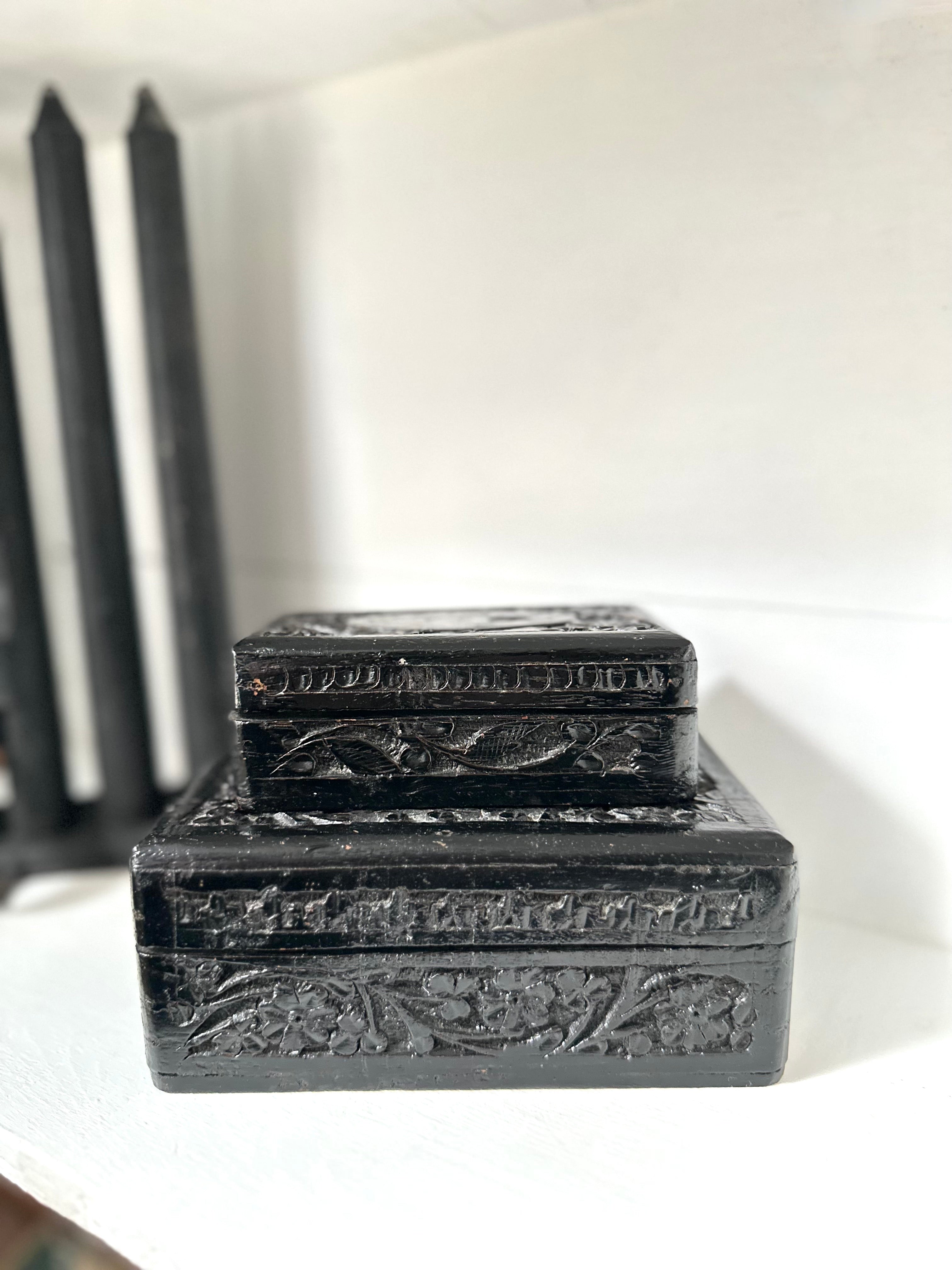 Set of 2 Carved Wood Boxes