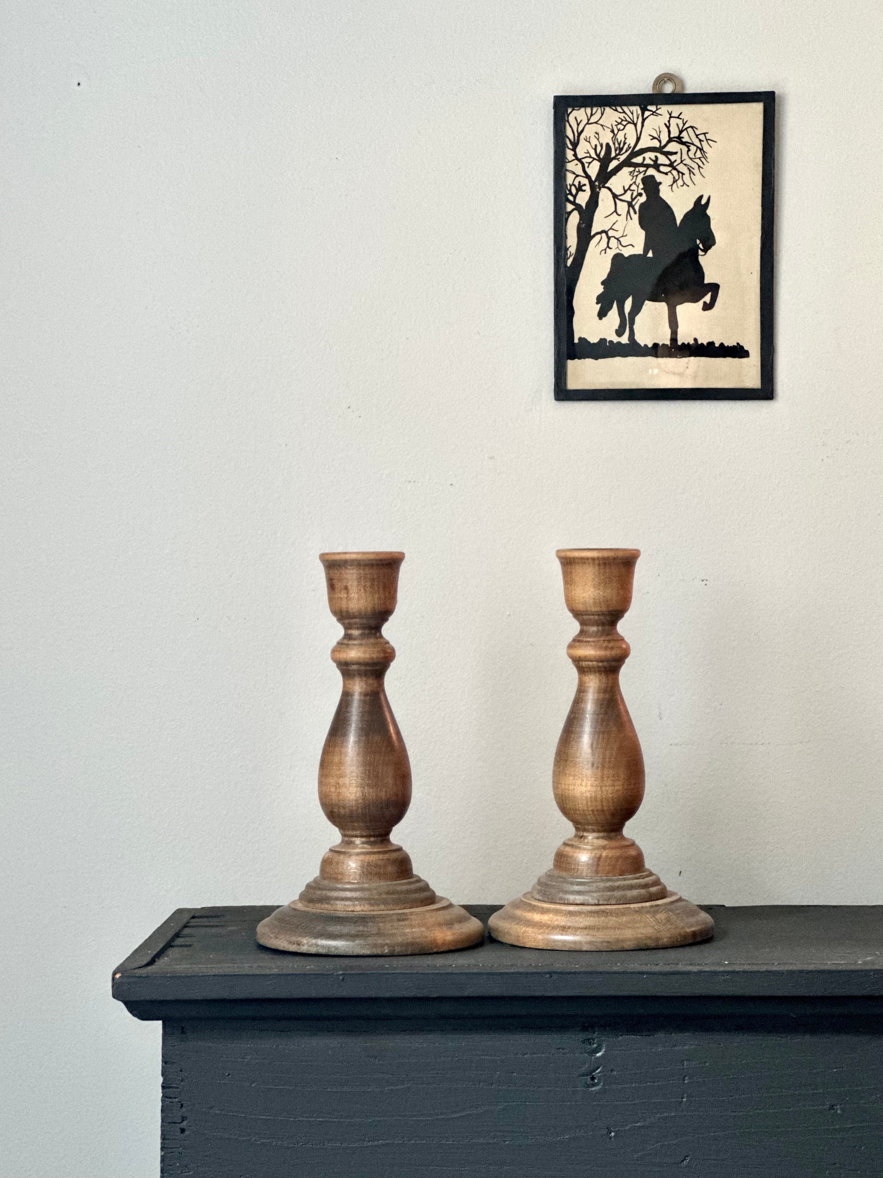 Vintage Pair Turned Wood Candlestick Holders