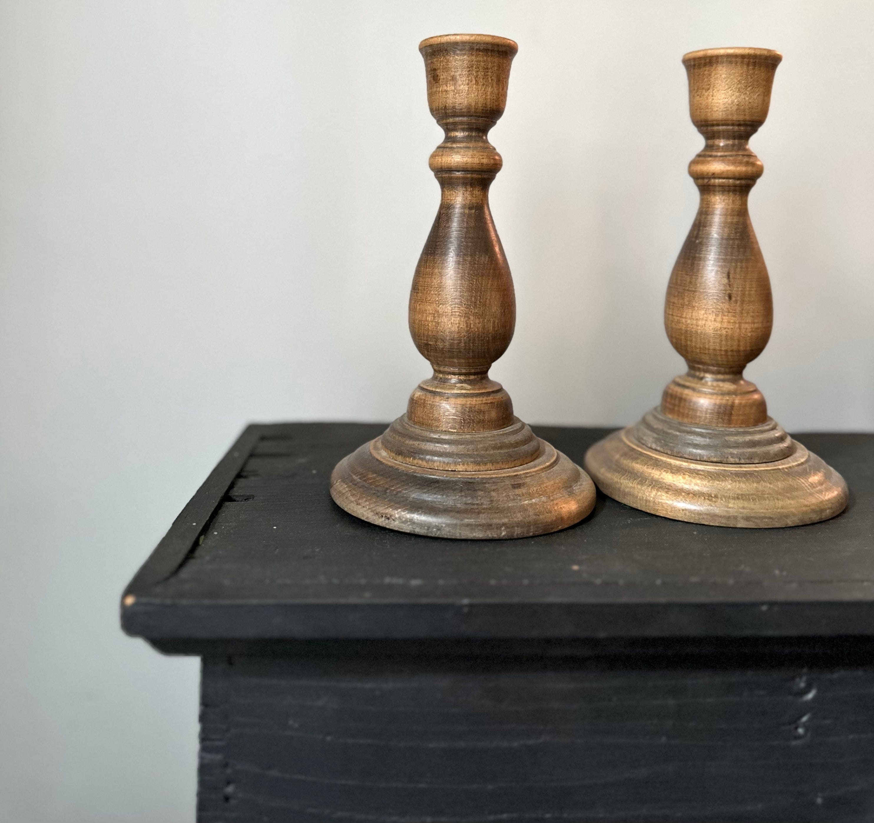 Vintage Pair Turned Wood Candlestick Holders