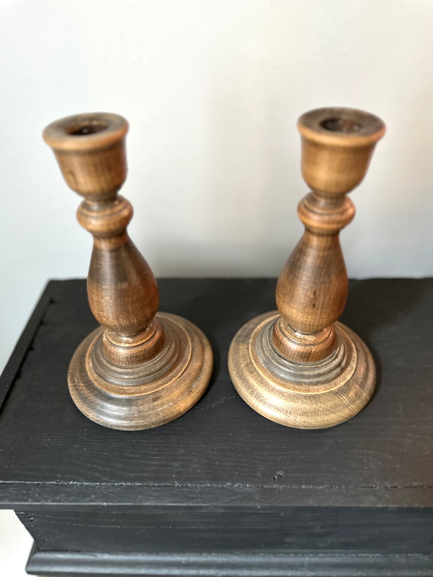 Vintage Pair Turned Wood Candlestick Holders