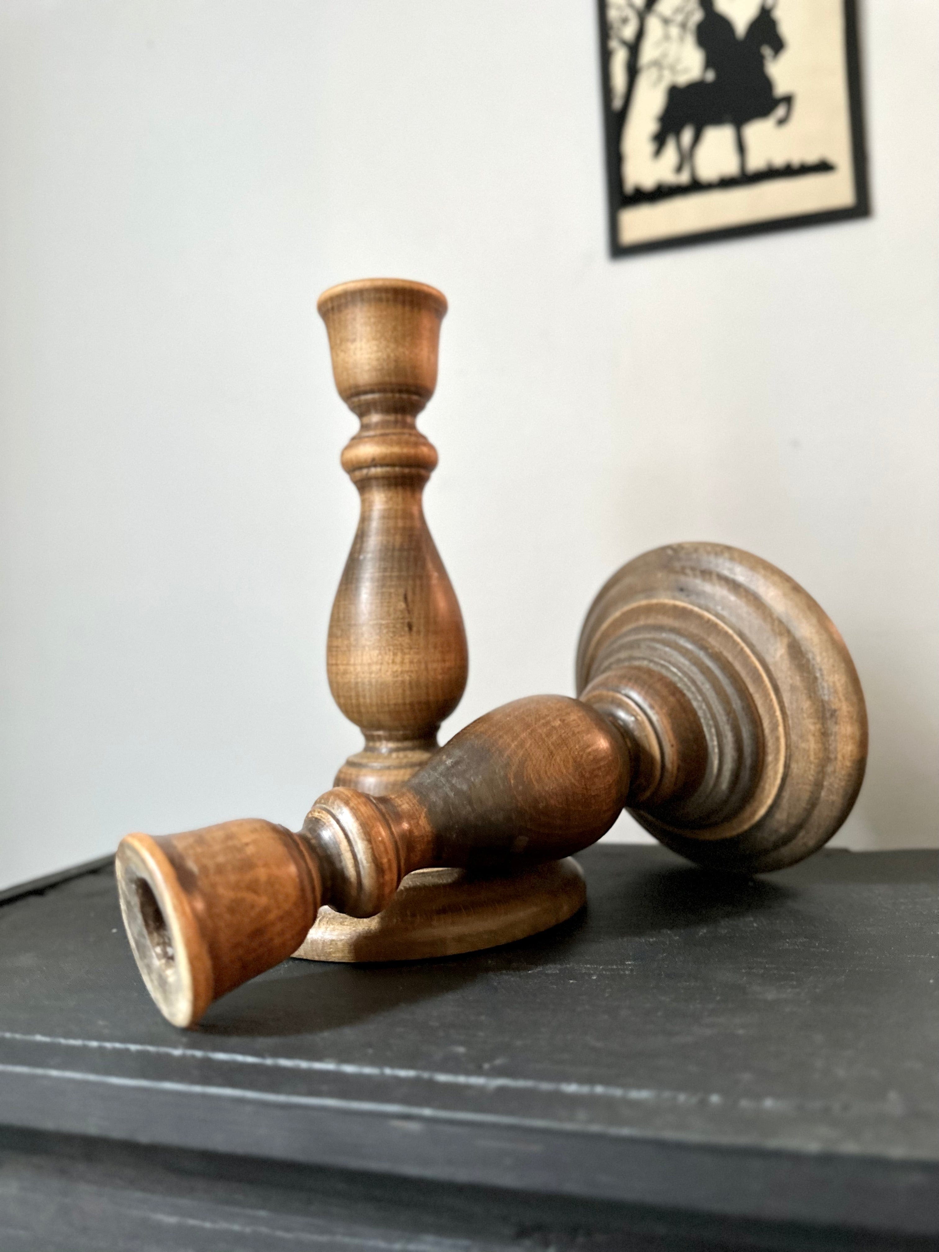 Vintage Pair Turned Wood Candlestick Holders