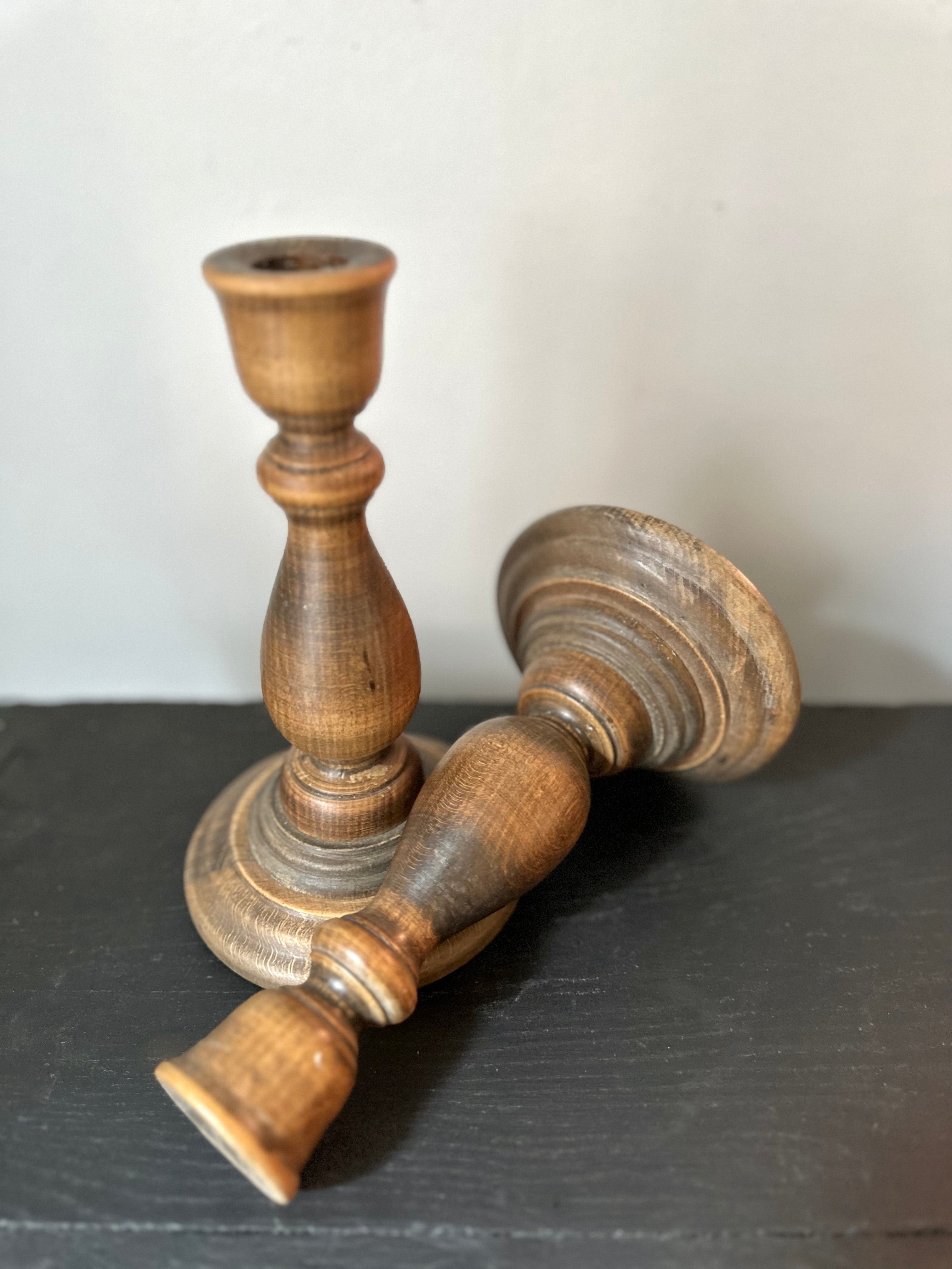 Vintage Pair Turned Wood Candlestick Holders