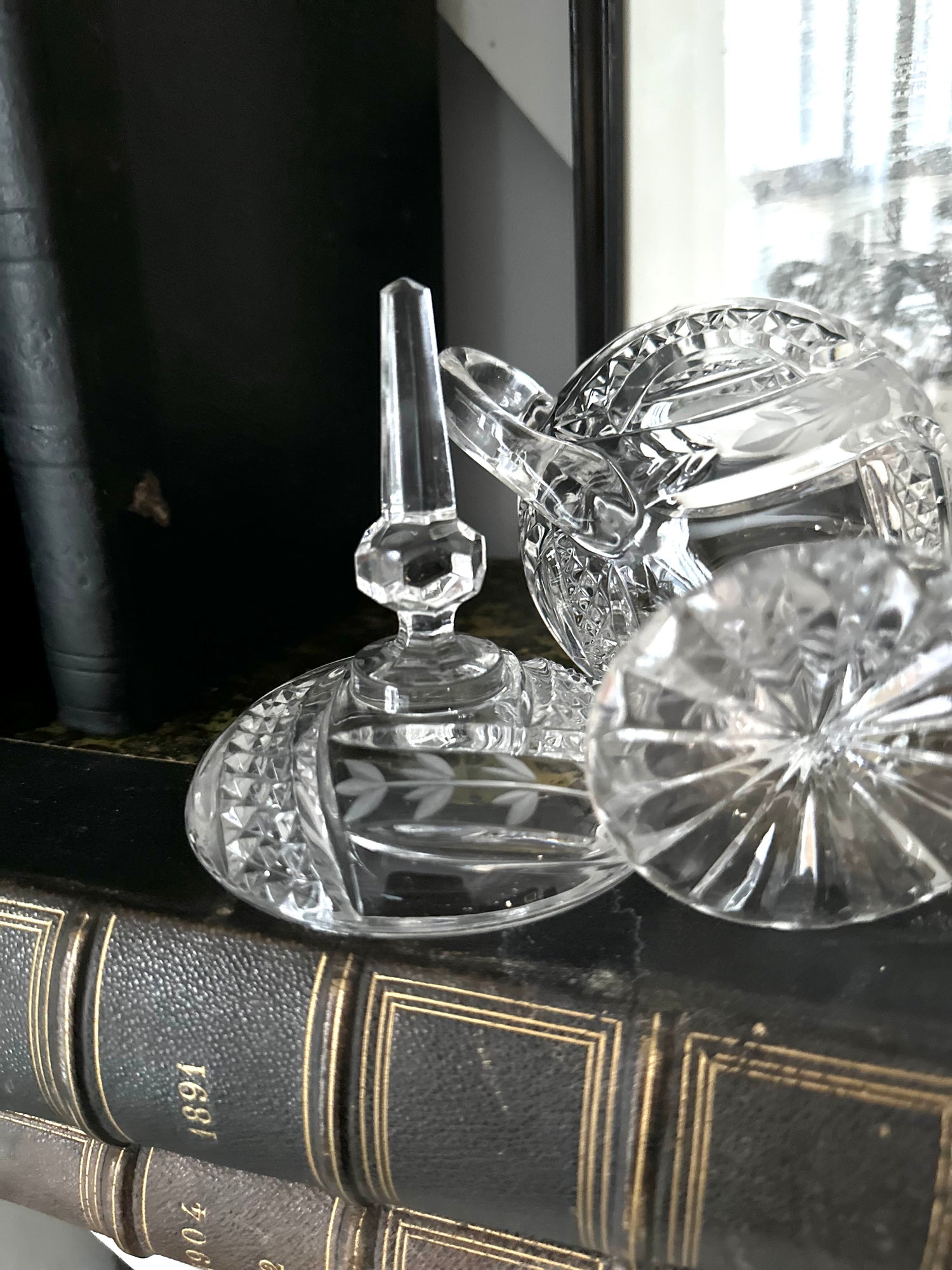 Wheat Pattern on Crustal Lid with Finial Sitting on Antique Books