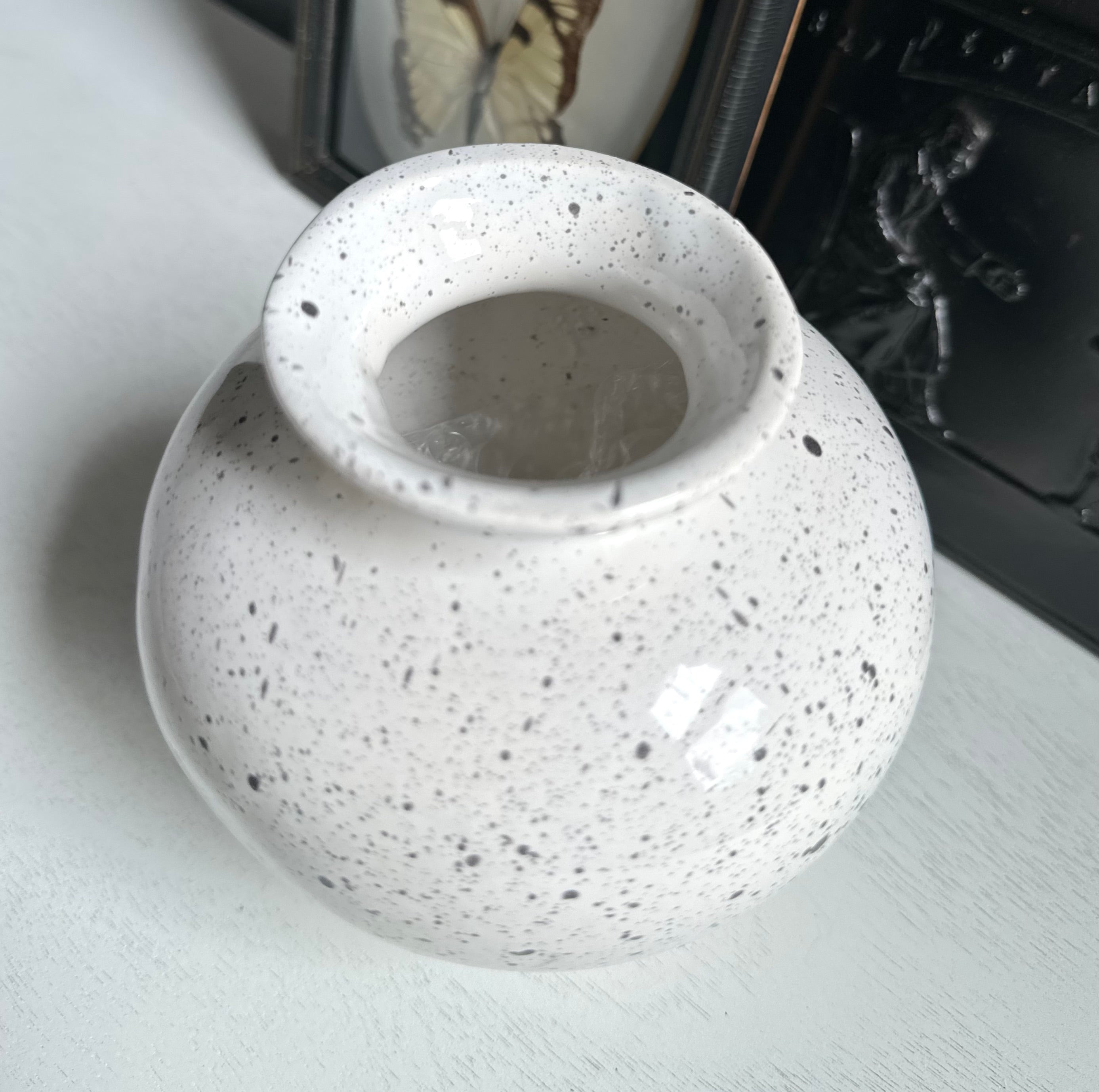 Vintage Splatter Vase Made  in Italy Black and White Ceramic Vessel