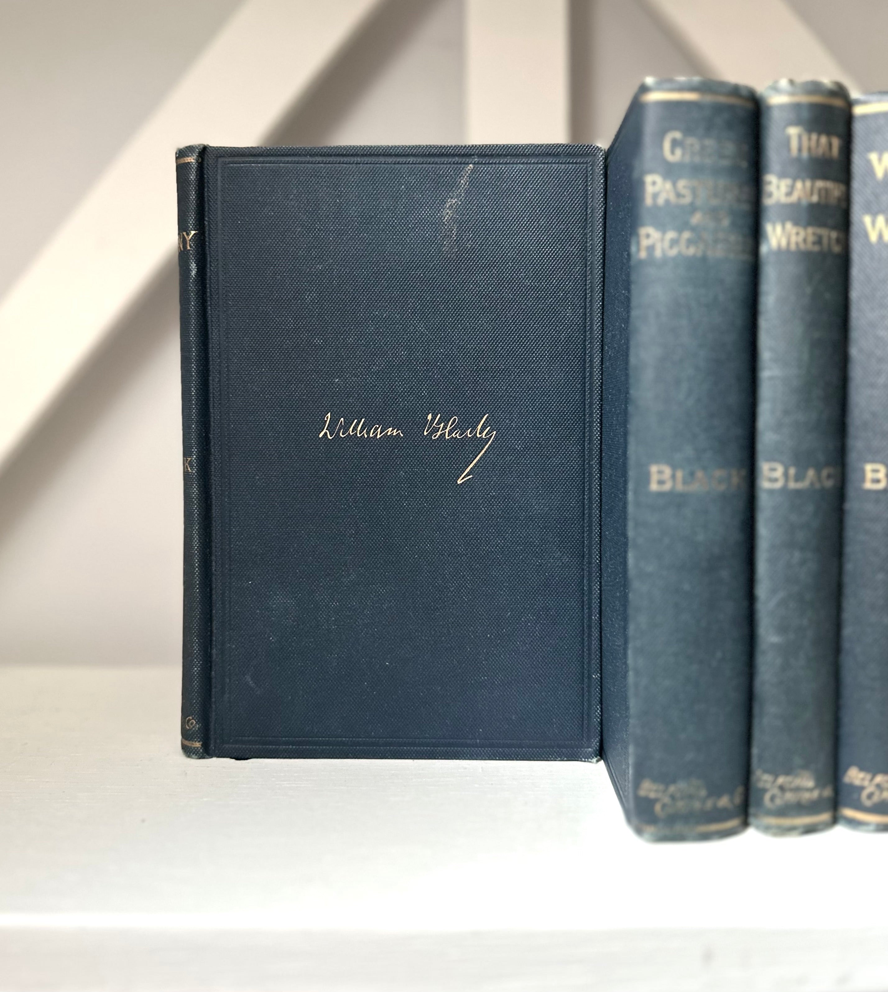 Set of blue books with visible author&