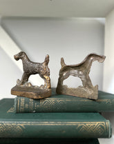 Bronze dog-shaped bookends on a stack of books with a white background
