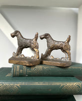 Bronze dog-shaped bookends on a stack of books with a white background