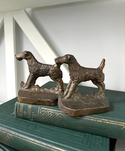 Bronze dog bookends on a green book with a white wall background