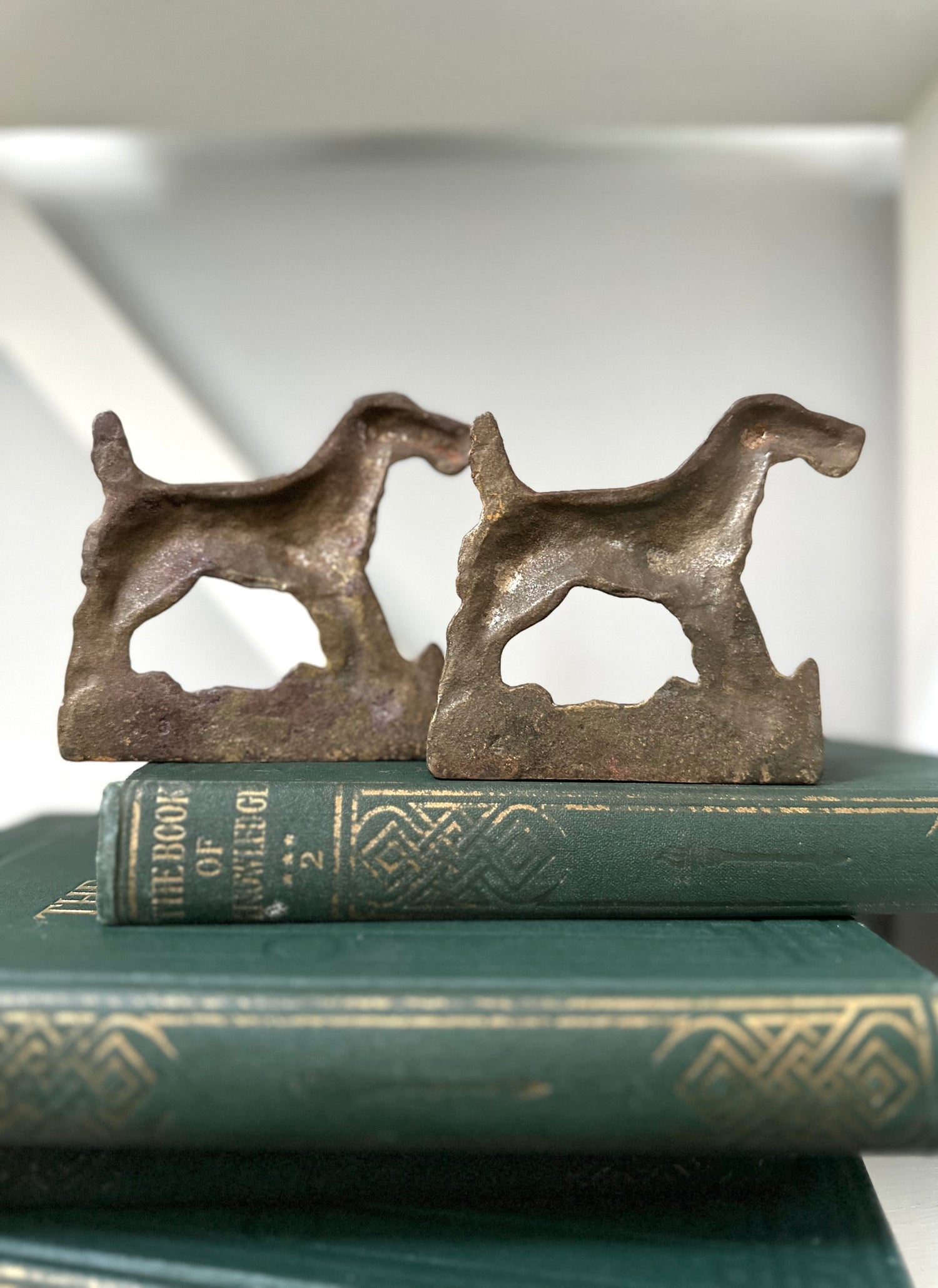 Two metal dog-shaped bookends on top of a green book with gold text.