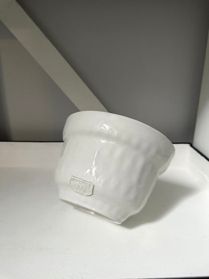 White ceramic bowl on a white surface with a gray background