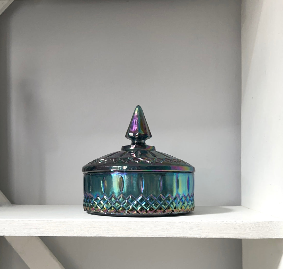 Princess Blue Iridescent Carnival Candy Dish With Lid Indiana Glass