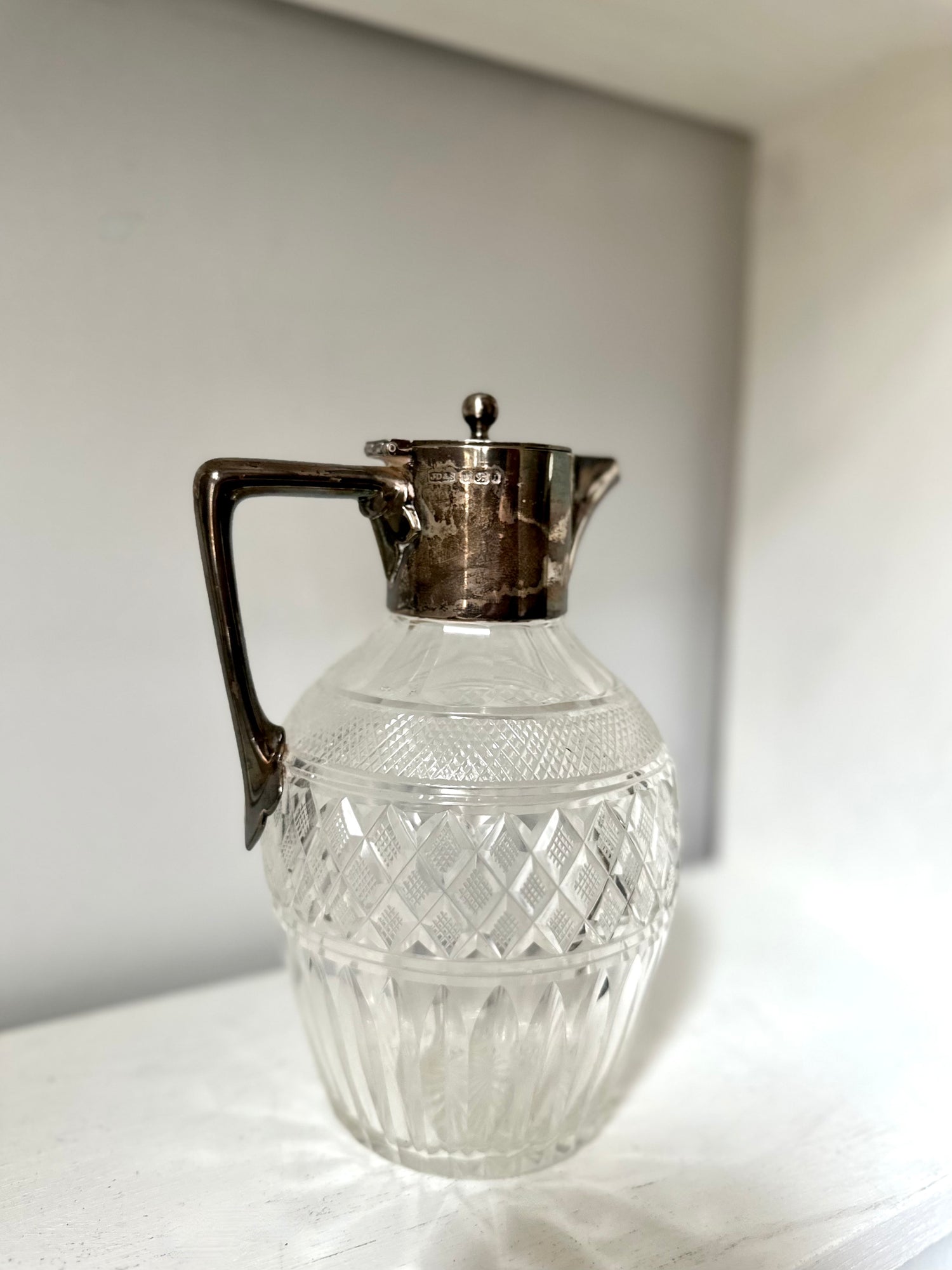 Antique Claret Jug Sterling Silver Mark Cut Crystal Body Early 1900s