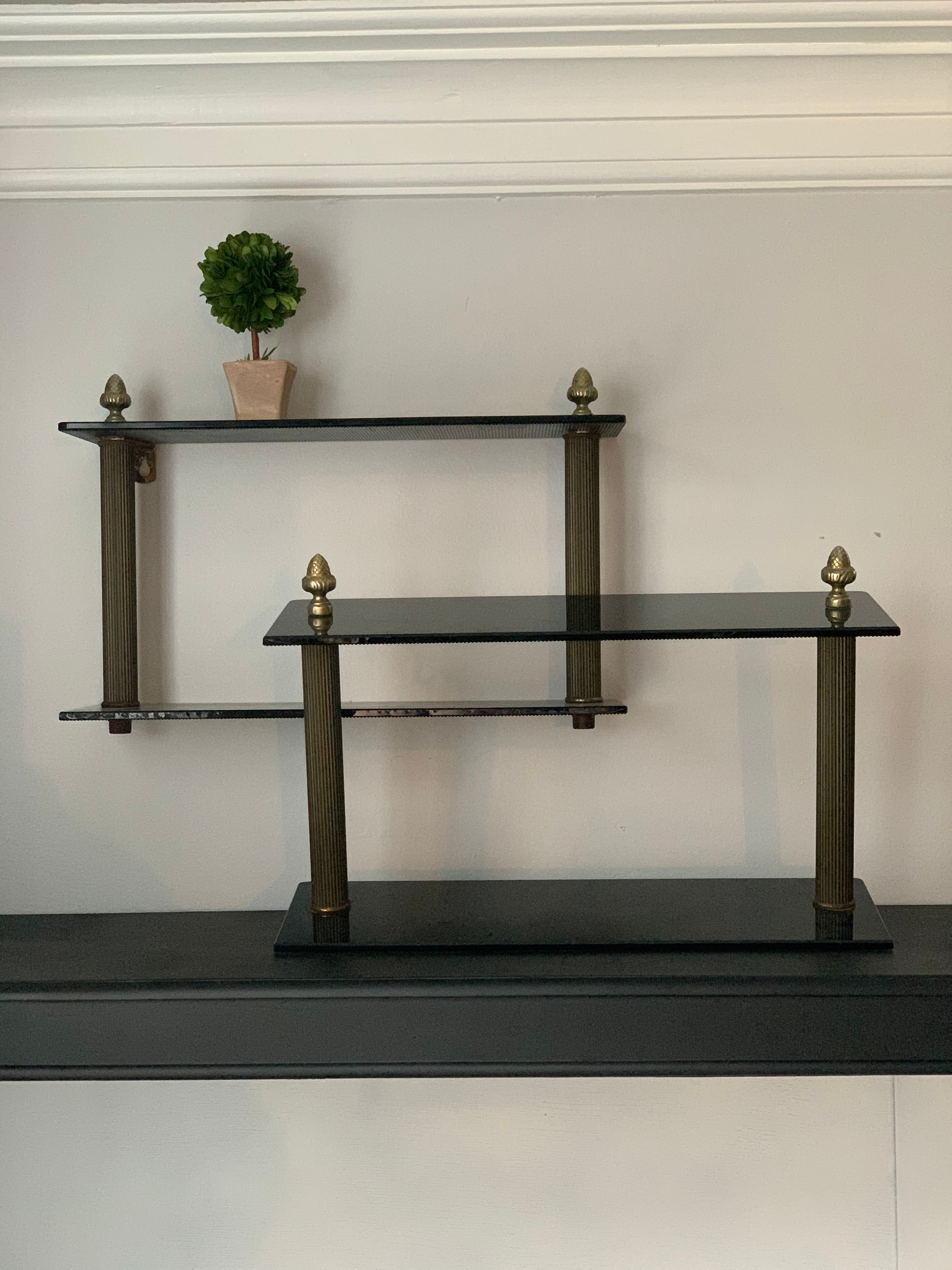 Vintage Pair Black Glass Shelf