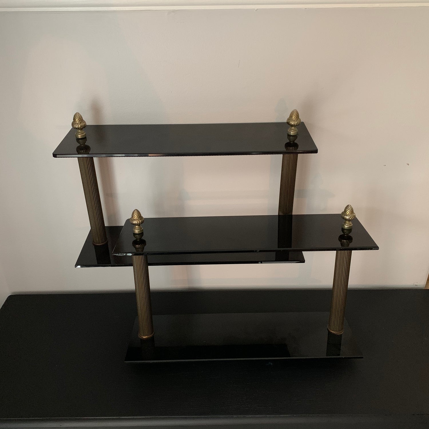 Vintage Pair Black Glass Shelf