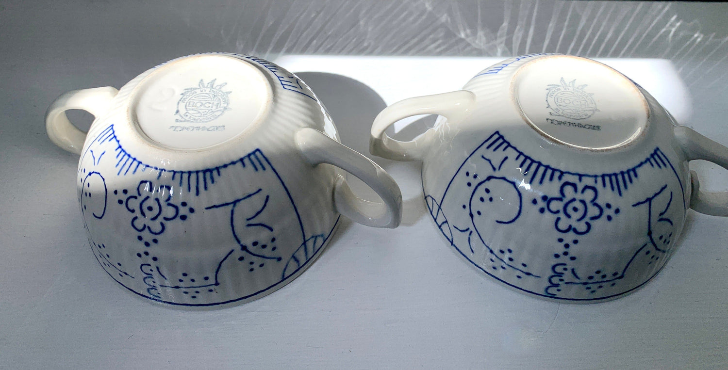 Pair Blue + White Belgium Soup Bowls