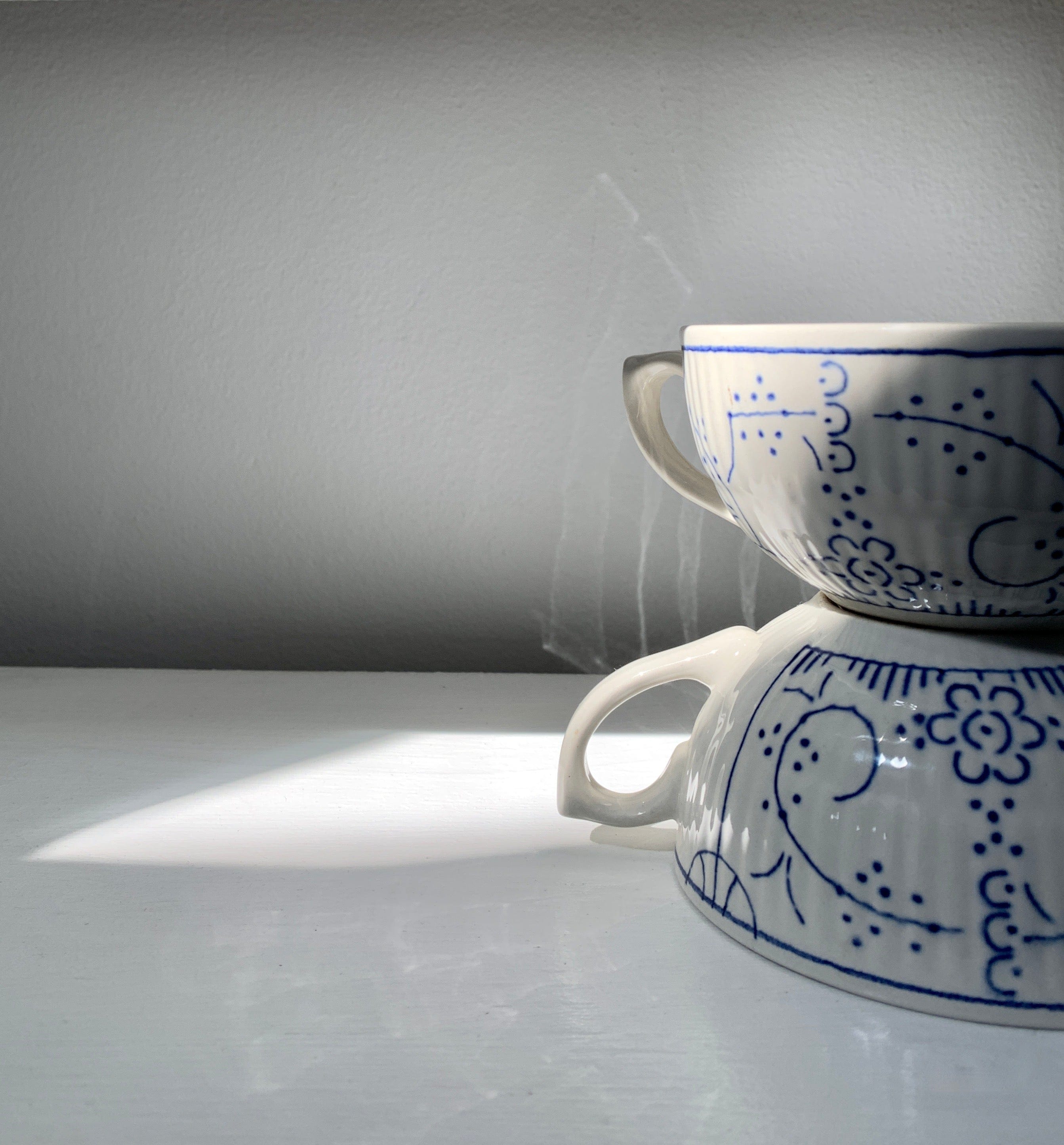 Pair Blue + White Belgium Soup Bowls