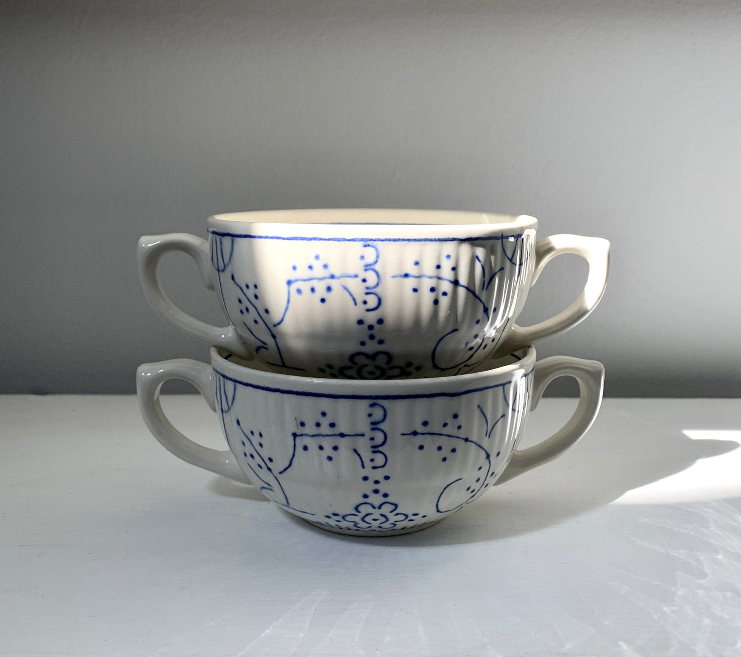 Pair Blue + White Belgium Soup Bowls
